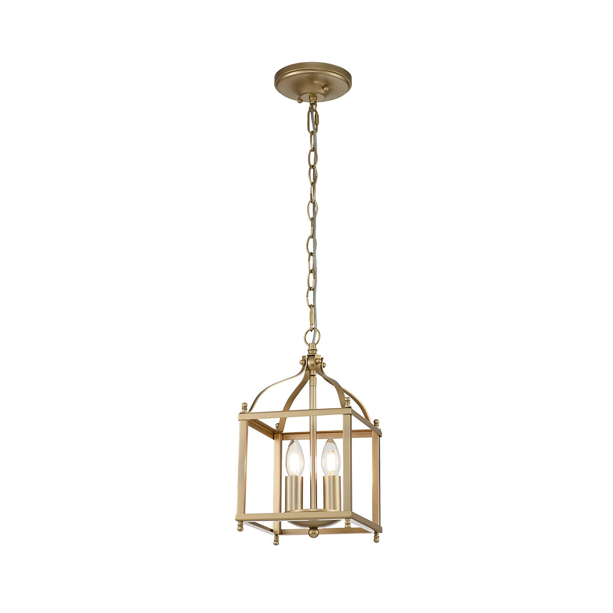 The Larkin 2 Light Small Chandelier in Natural Brass showcases a gold open cage-style design with two candle-shaped bulbs suspended from a chain, combining a rectangular frame with a dome-shaped top for an elegant and modern appearance.