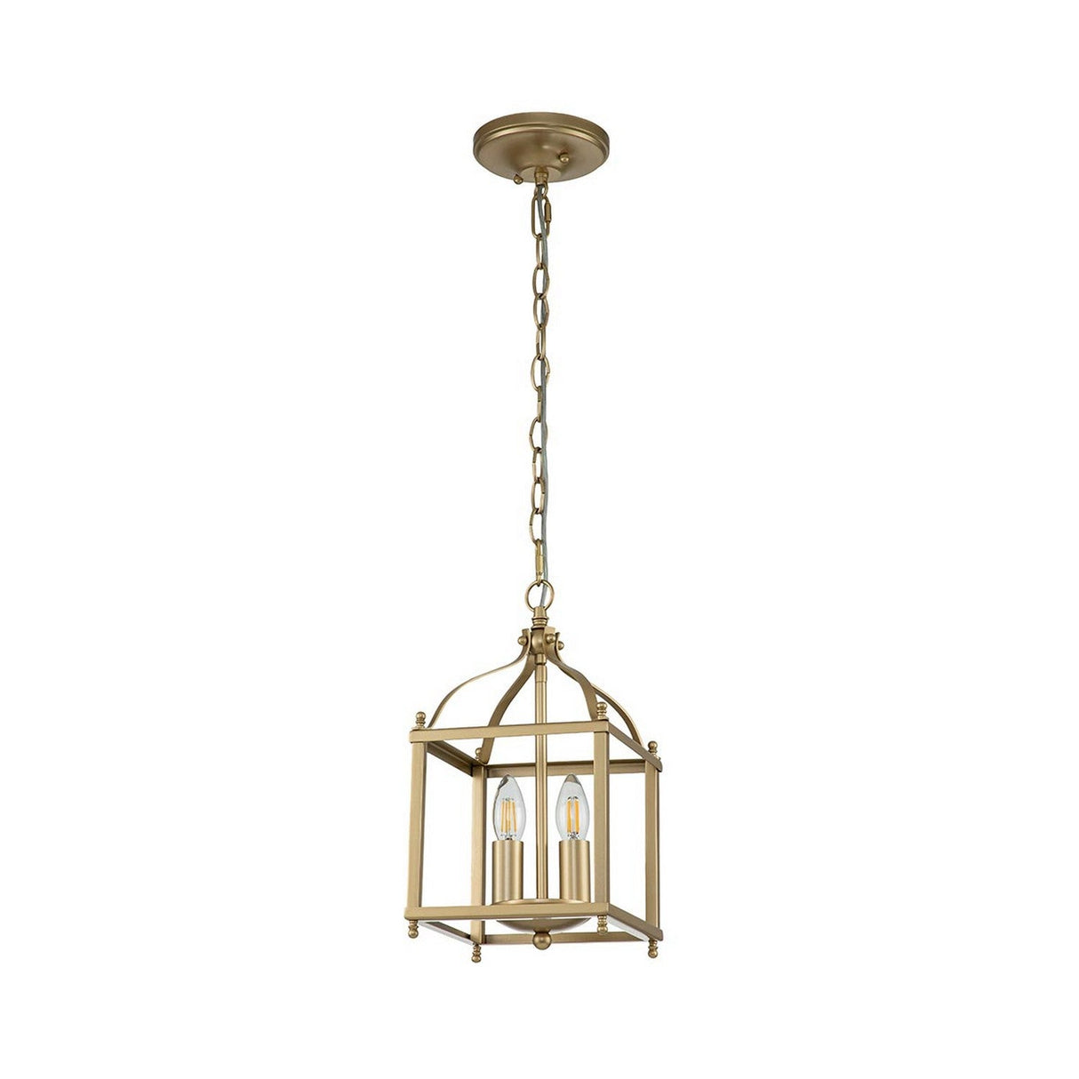 The Larkin 2 Light Small Chandelier - Natural Brass features an open cage design with two candle-style bulbs suspended within a sleek geometric frame, providing a warm and inviting glow.