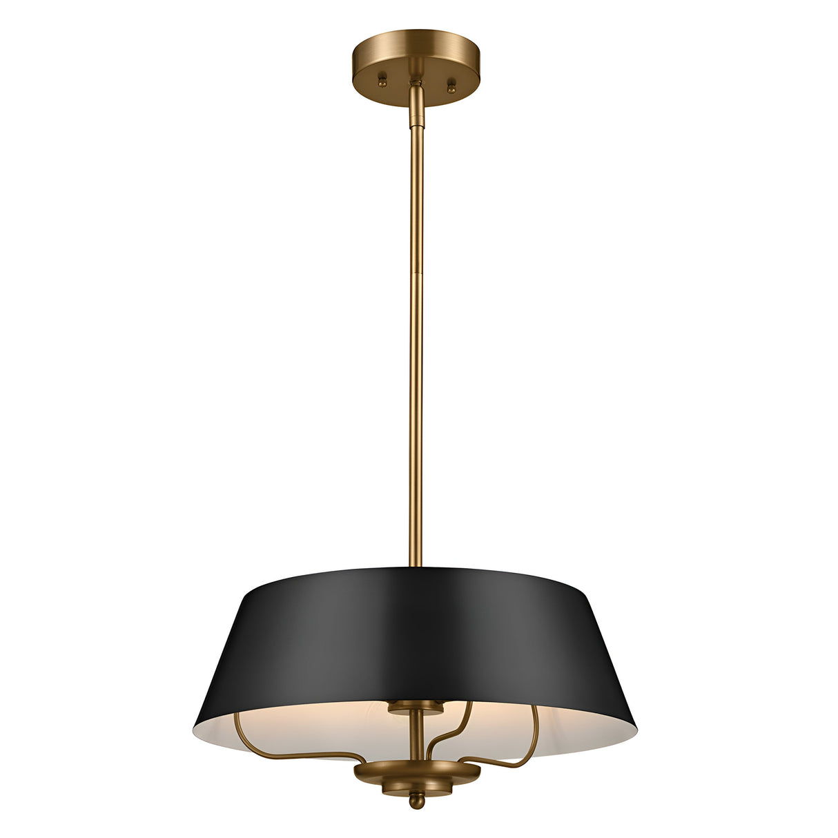 Introducing the Luella 3 Light Duo-Mount Chandelier/Semi-Flush in Black & Brass, a modern fixture featuring a sleek design with a brass finish. Its chic black and brass lampshade is perfectly suspended by a brass rod, providing versatile mounting options while enhancing any decor with an elegant and contemporary touch.