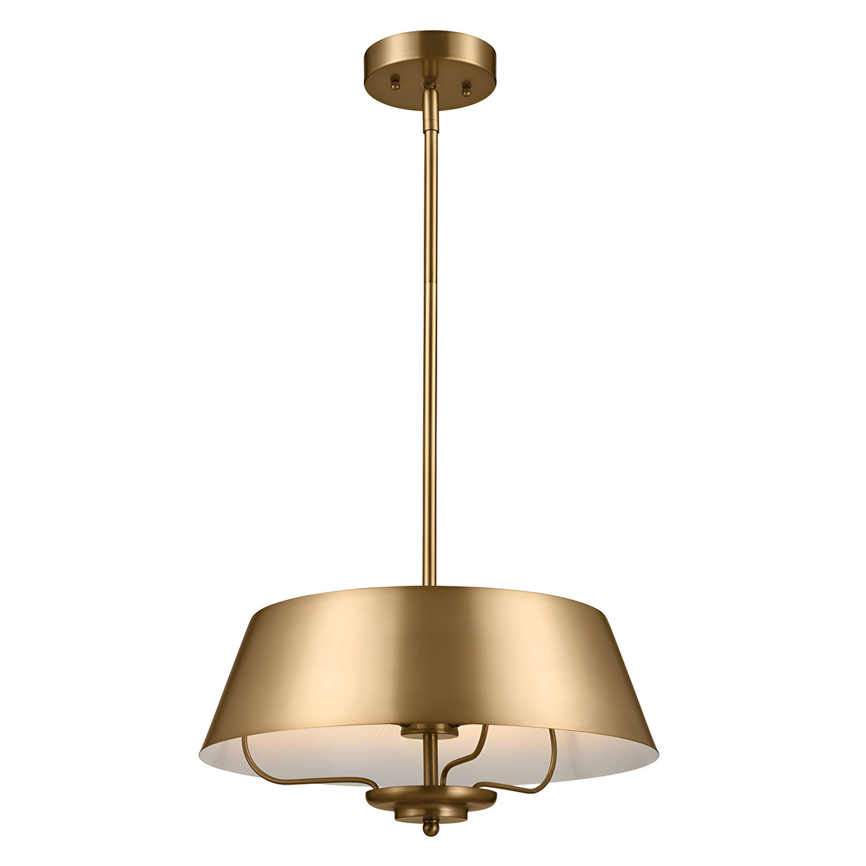 The Luella 3 Light Duo-Mount Chandelier/Semi-Flush in brushed natural brass offers a contemporary lighting solution with its cylindrical shade and single metal rod suspended from the ceiling, highlighting three gracefully curved arms beneath the shade.