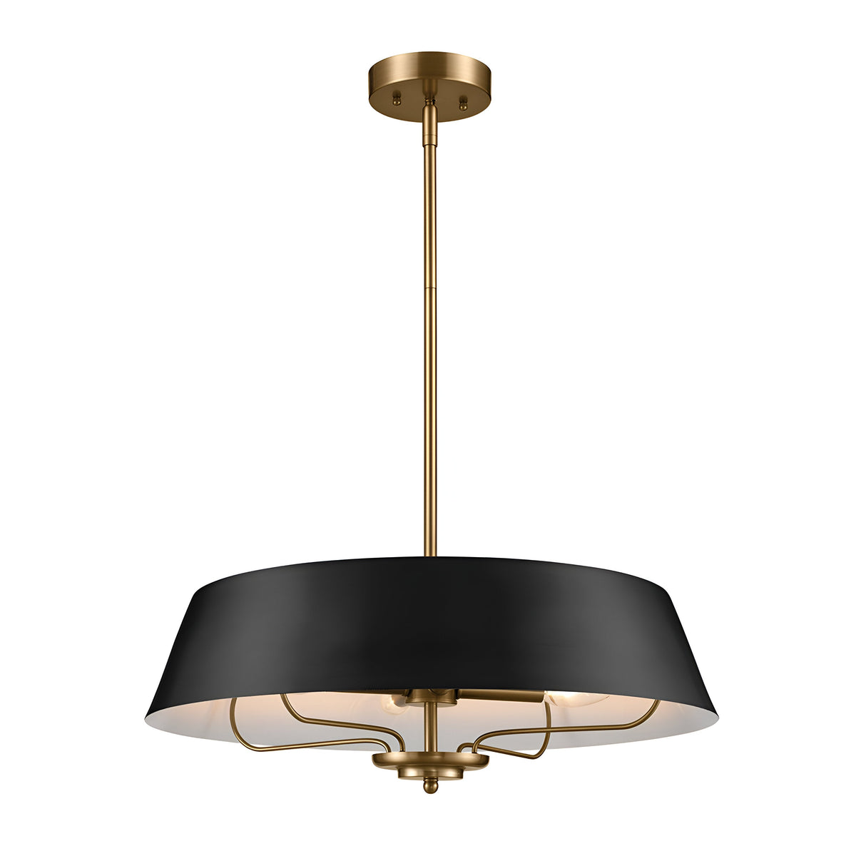 The Luella 4 Light Duo-Mount Chandelier/Semi-Flush - Black & Brass boasts a sleek design with a modern circular shade and an elegant brass fixture. This versatile piece can be stylishly mounted from the ceiling on a brass rod, adding a contemporary touch to any space.