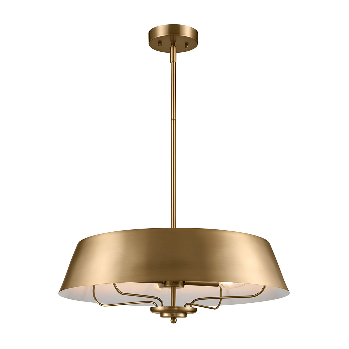 Introducing the Luella 4 Light Duo-Mount Chandelier/Semi-Flush in Brushed Natural Brass, featuring a wide cylindrical shade and a minimalist design. Its elegant central rod connects to the ceiling mount, offering versatility with its duo mount option for a chic and contemporary appearance.