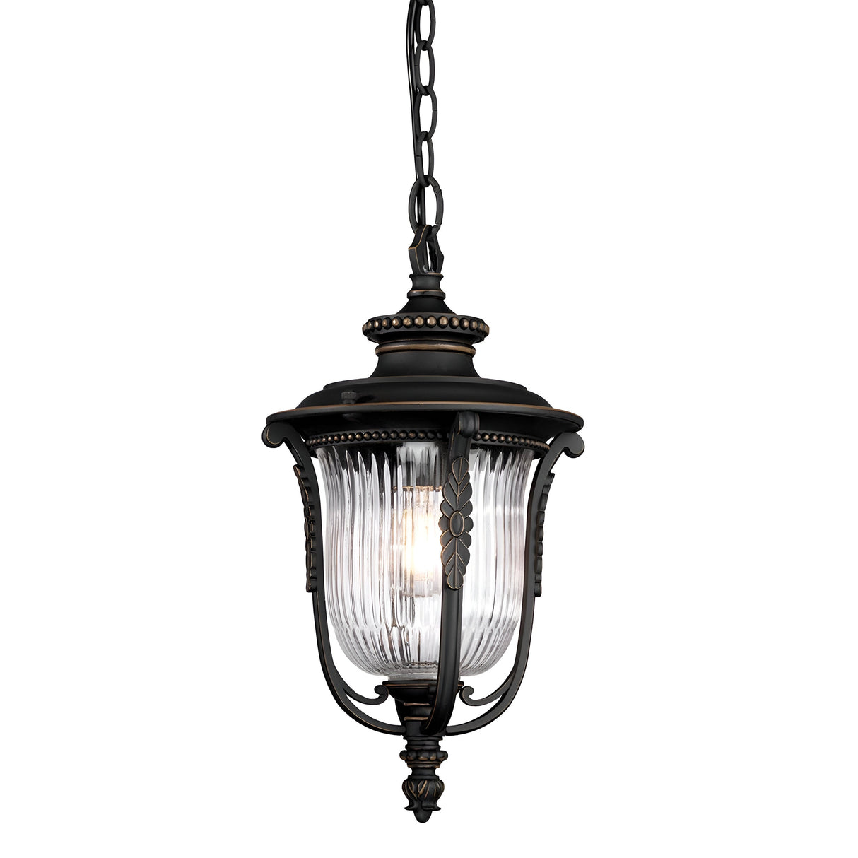 The Luverne Outdoor 1 Light Medium Chain Pendant, with its rubbed bronze finish, boasts a black metal frame adorned with decorative accents and a clear ribbed glass shade. This elegant design is ideal for brightening entryways or outdoor areas as it hangs gracefully from a chain.
