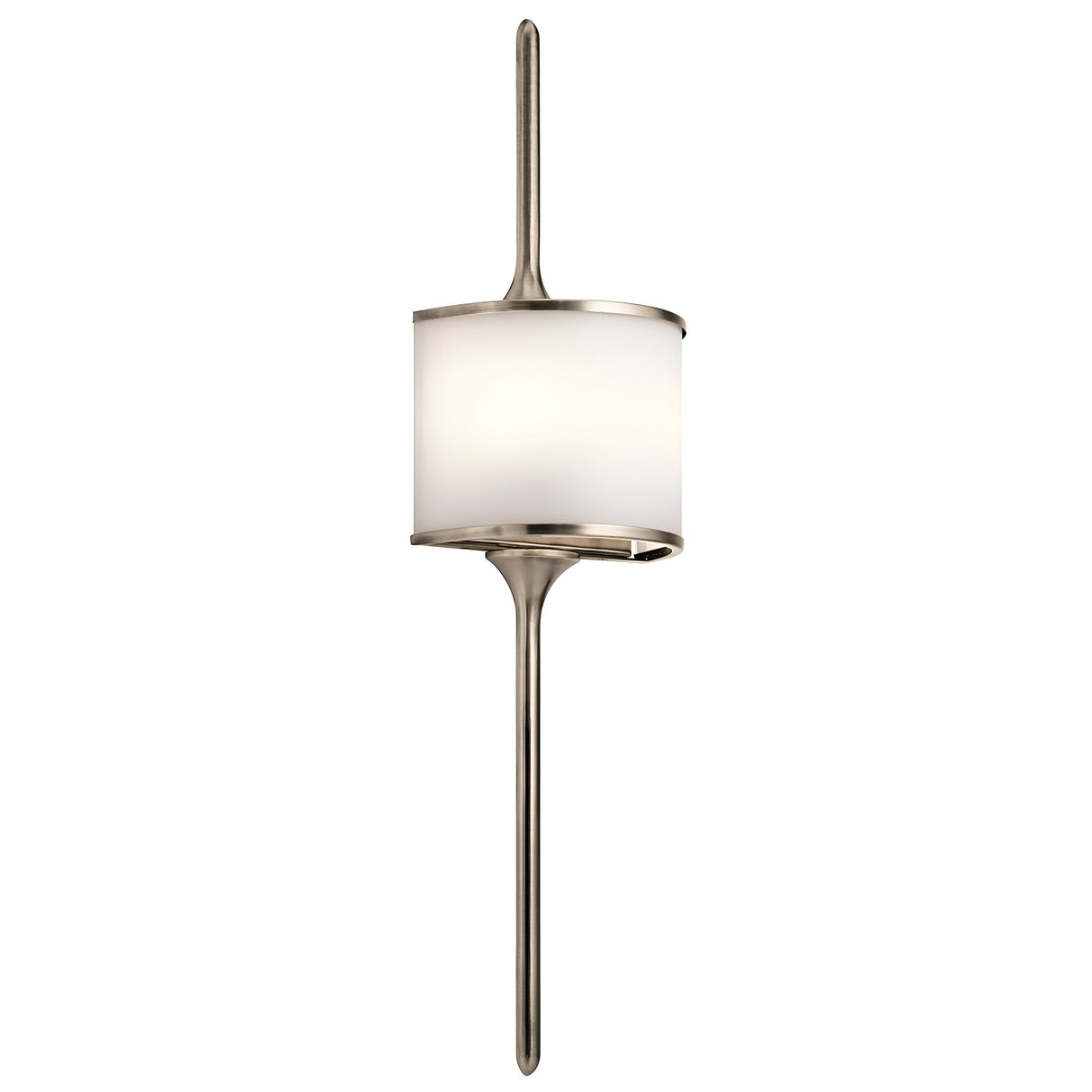 Introducing the Mona 2 Light Large Wall Light in silver, a modern fixture featuring a mid-century-inspired design. Its cylindrical frosted glass shade is elegantly mounted on a sleek metallic frame, while the minimalist vertical rod adds contemporary flair to this sophisticated light piece.