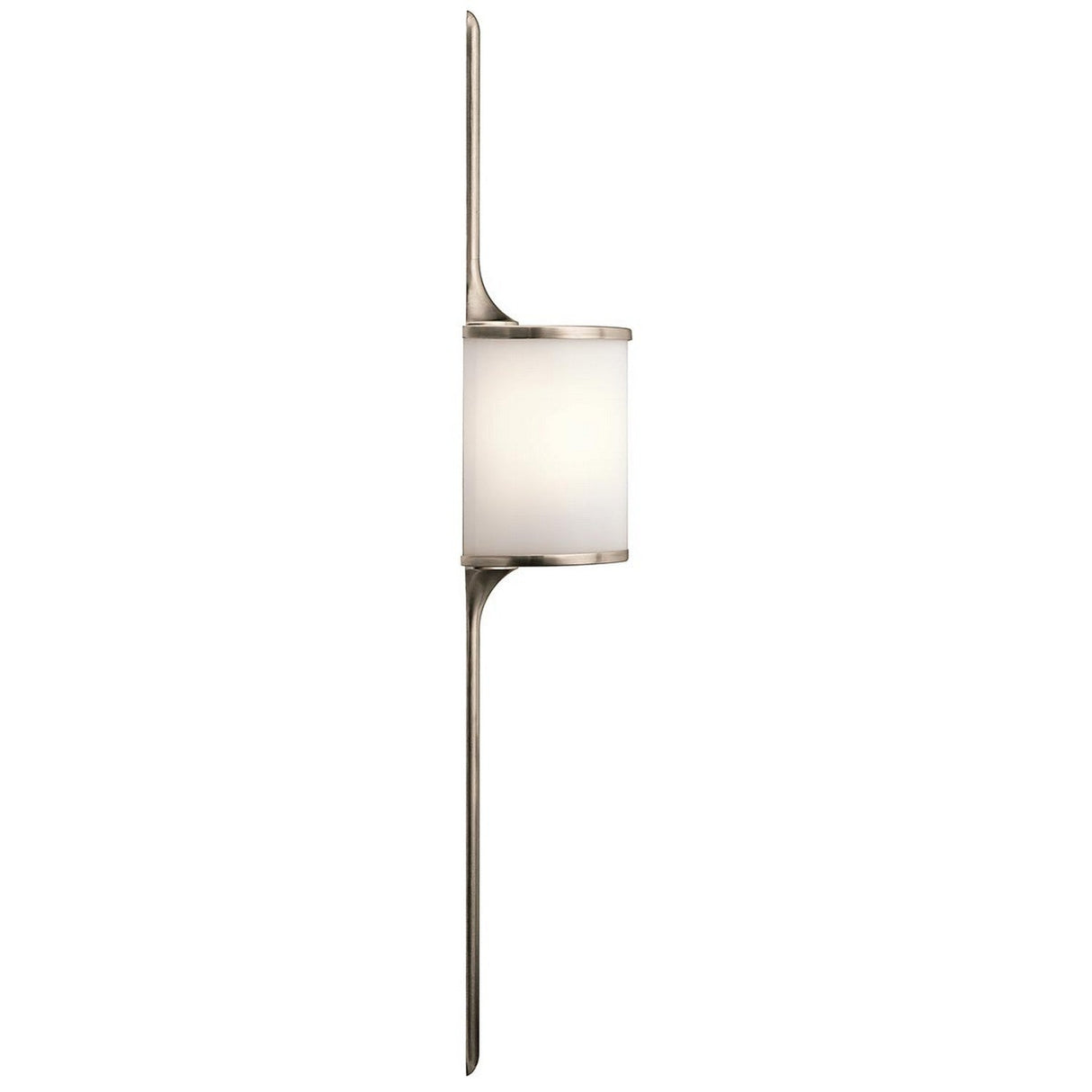 The Mona 2 Light Large Wall Light - Silver boasts a slender, metal frame in a silver finish, complemented by a cylindrical frosted glass shade. Its mid-century-inspired design infuses minimalist elegance, ideal for contemporary interiors.