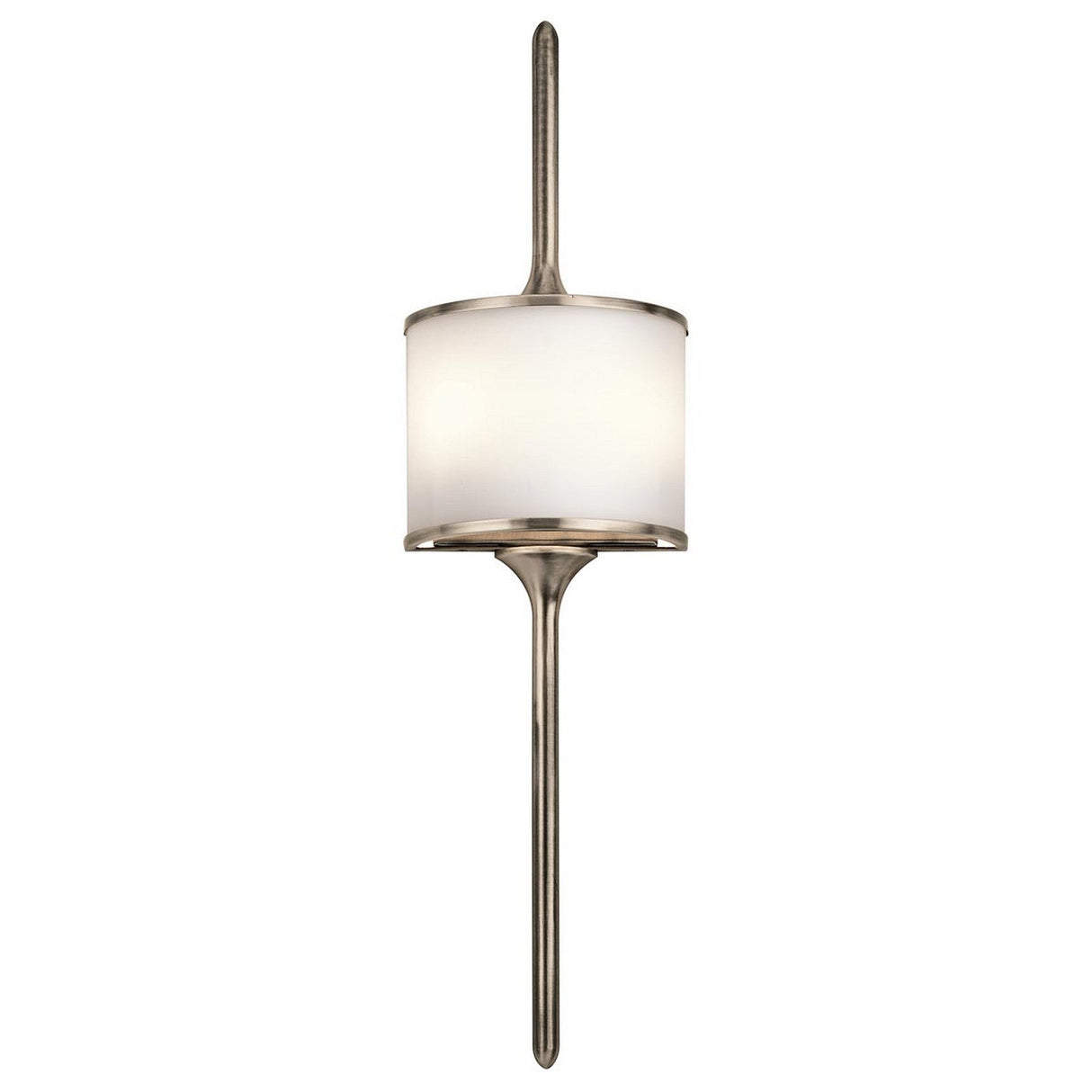 The Mona 2 Light Large Wall Light - Silver boasts a mid-century-inspired design, highlighted by its cylindrical white glass shade and sleek metallic body. It features a striking silver finish, with a vertical rod that gracefully extends both above and below the shade for an elegant and minimalist aesthetic.