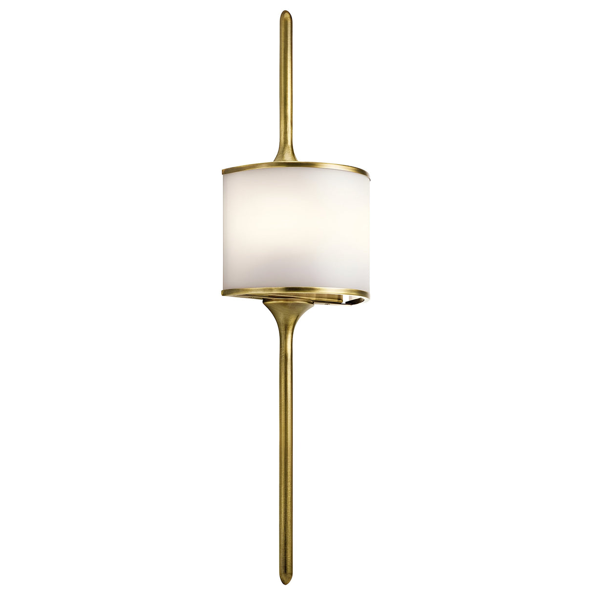 Introducing the Mona 2 Light Large Wall Light - Natural Brass, a contemporary wall sconce that boasts a sleek design. It comes with an energy-efficient LED technology and features a cylindrical white shade encased in natural brass. The elongated vertical rods extending above and below the shade are beautifully set against a plain white background.