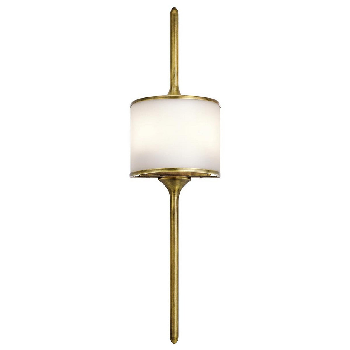 Introducing the Mona 2 Light Large Wall Light in Natural Brass, a modern fixture with a white cylindrical shade and a sleek natural brass finish. Featuring energy-efficient LED technology and a vertical rod design, it provides an elegant and contemporary look that's perfect for illuminating any space.
