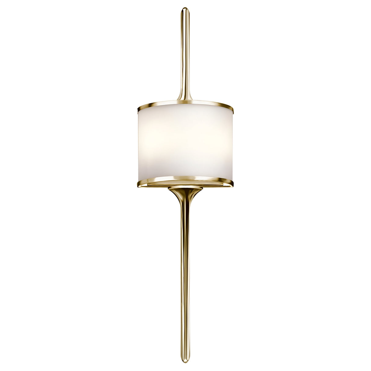 The Mona 2 Light Large Wall Light - Polished Brass showcases a cylindrical frosted glass shade with polished brass accents. Its vertical metallic bar enhances the sleek Mid-Century Design, resulting in an elegant appearance.