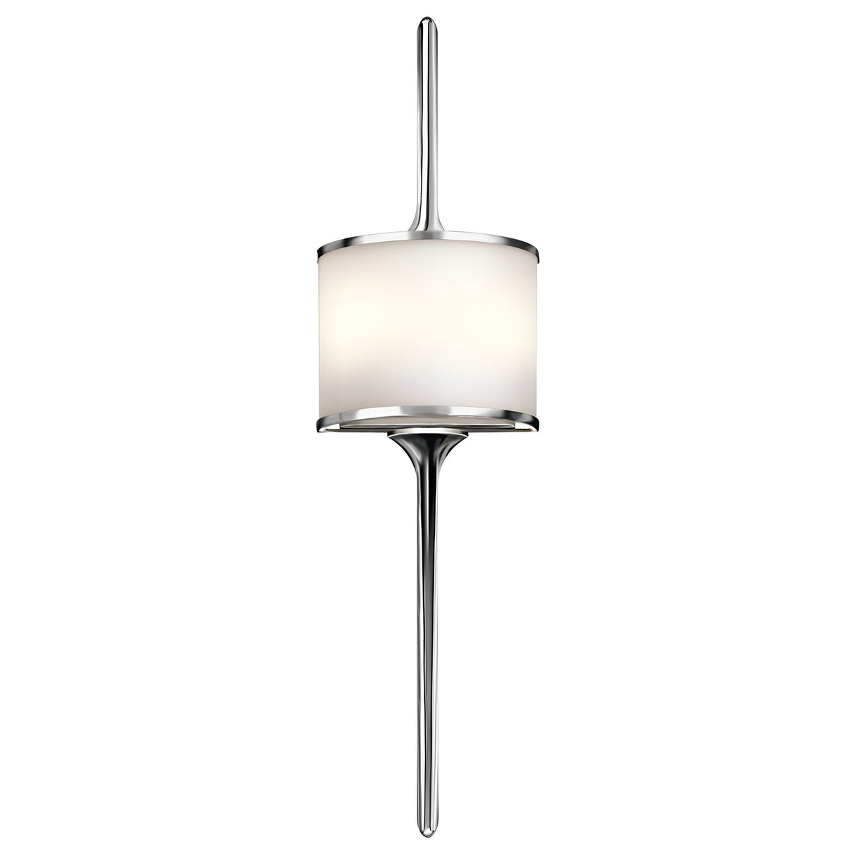 The Mona 2 Light Large Wall Light - Polished Chrome is a contemporary sconce featuring a sleek chrome base and a cylindrical white shade, complemented by vertical rods extending from both the top and bottom. It is compatible with G9 LED lamps for energy-efficient lighting.