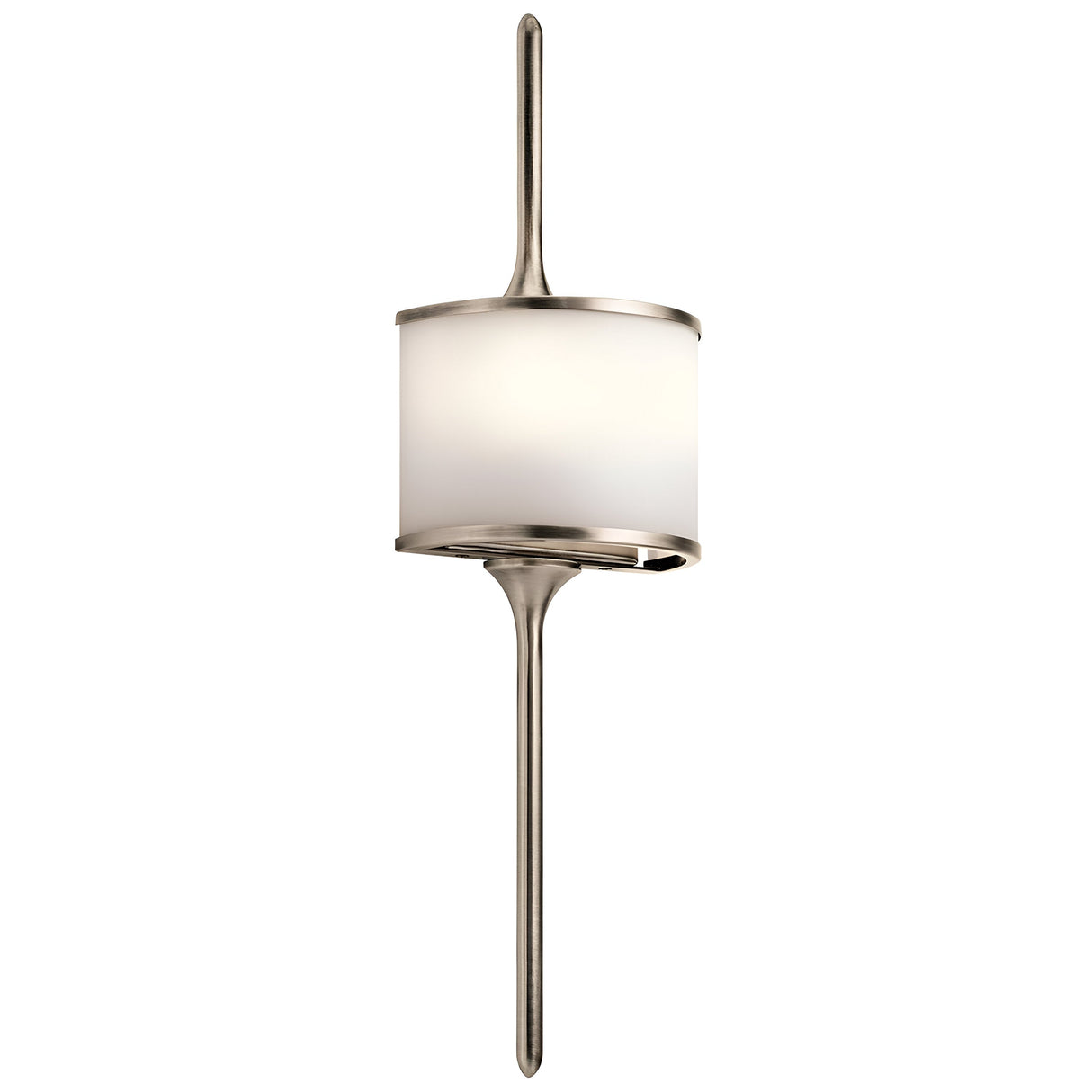 Introducing the Mona 2 Light Small Wall Light in Silver, featuring a contemporary LED design with a sleek metal frame and a cylindrical white glass shade. It includes energy-efficient G9 LED lamps and vertical rods that extend both above and below the light, offering an elegant touch with its minimalist silver finish.
