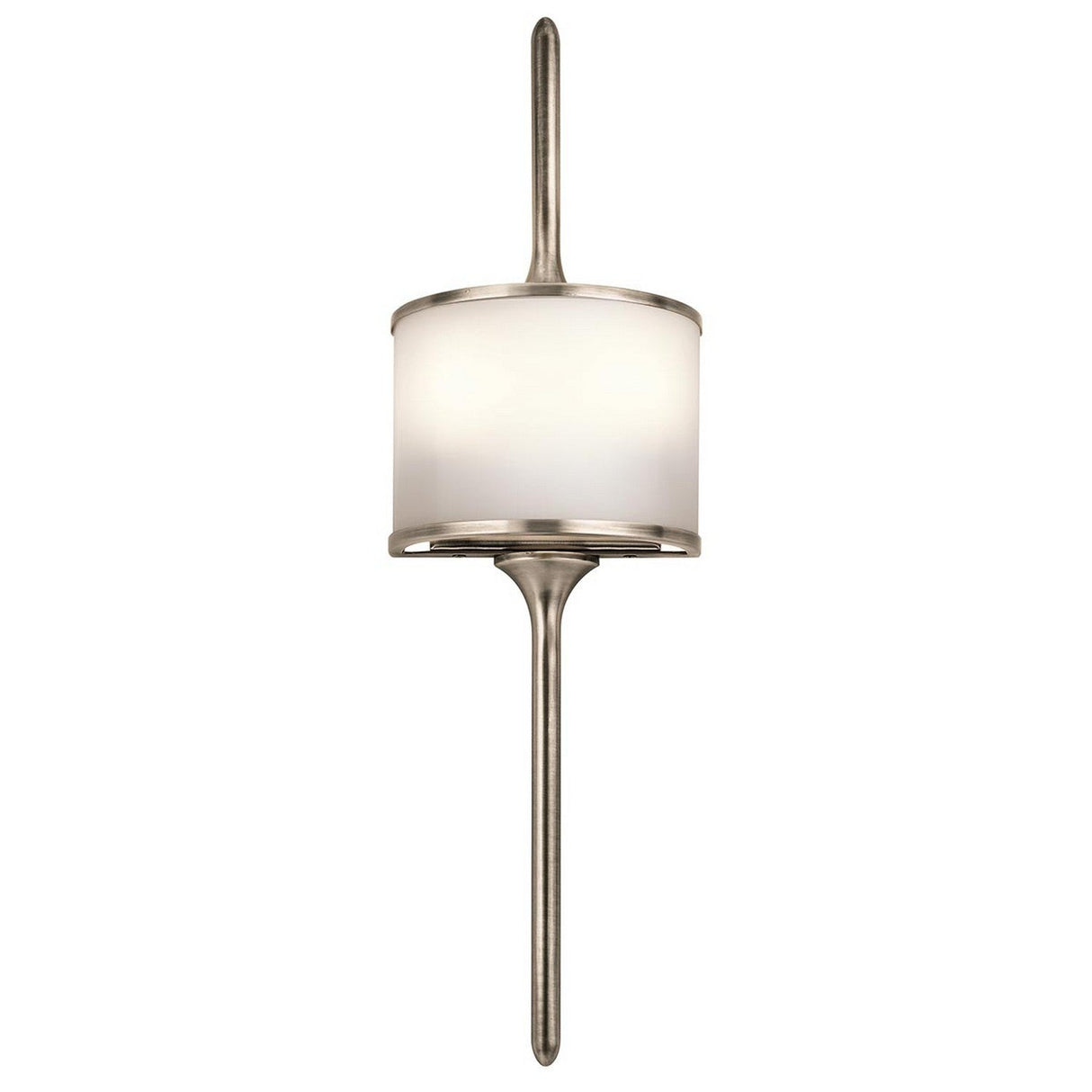 Introducing the Mona 2 Light Small Wall Light - Silver, featuring a modern LED design with a sleek silver finish and a cylindrical frosted glass shade. This energy-efficient fixture showcases a vertical style with an elegantly extending central rod above and below the shade, perfectly complementing any space.
