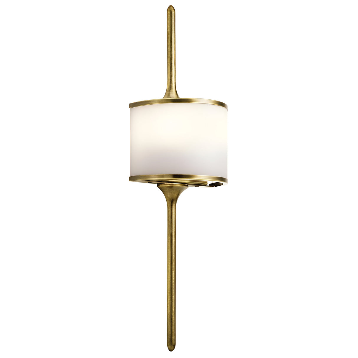 Introducing the Mona 2 Light Small Wall Light - Natural Brass, a perfect blend of mid-century charm and contemporary design. This fixture features a cylindrical frosted white shade embraced by a slender Natural Brass frame, with vertical extensions above and below adding sophistication to any space.