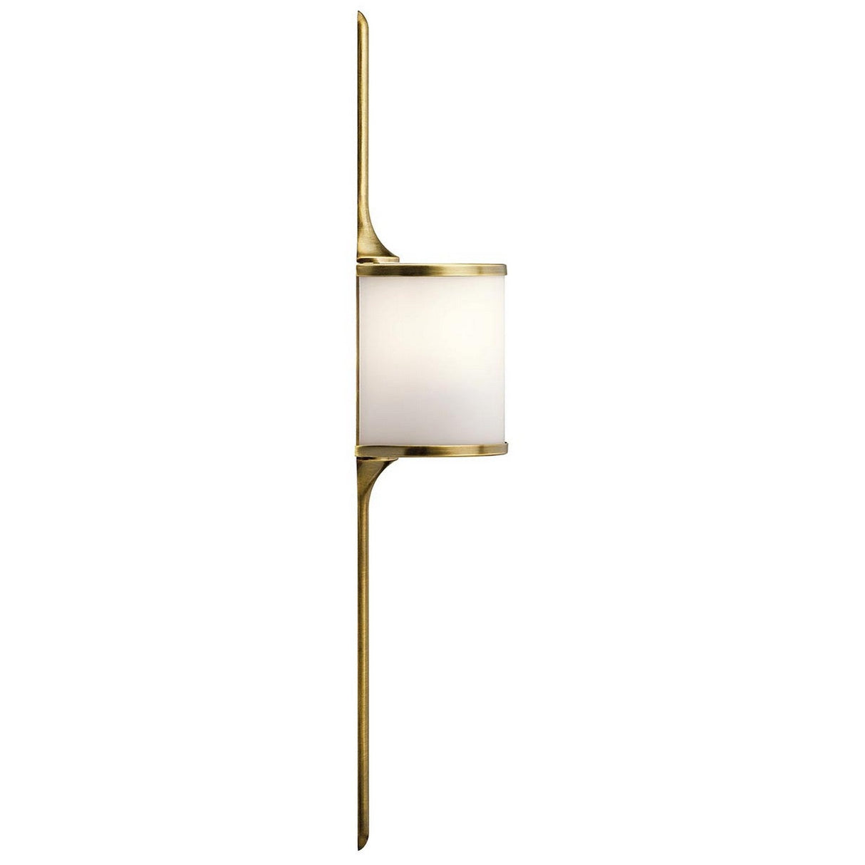 The Mona 2 Light Small Wall Light - Natural Brass showcases a sleek, modern aesthetic with its cylindrical white shade and slim natural brass frame. This elegant fixture infuses mid-century charm into your space while offering minimalist and sophisticated lighting.