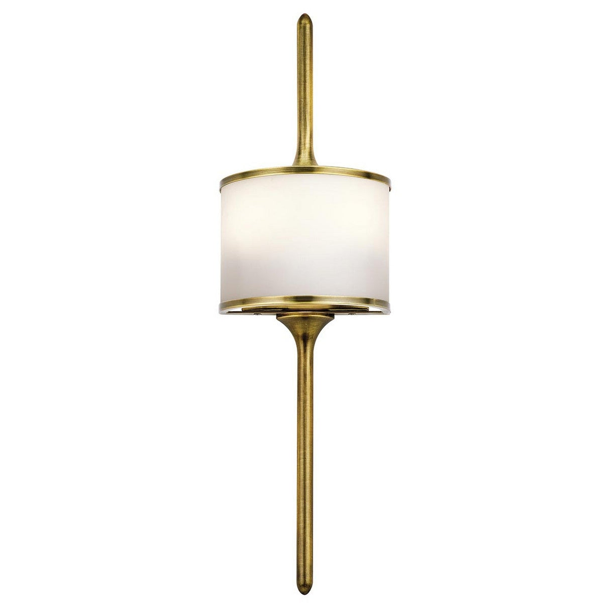 The Mona 2 Light Small Wall Light in Natural Brass is a wall-mounted sconce with a cylindrical white lampshade. It features a long vertical brass rod that extends above and below the shade, showcasing a minimalist and elegant mid-century design.