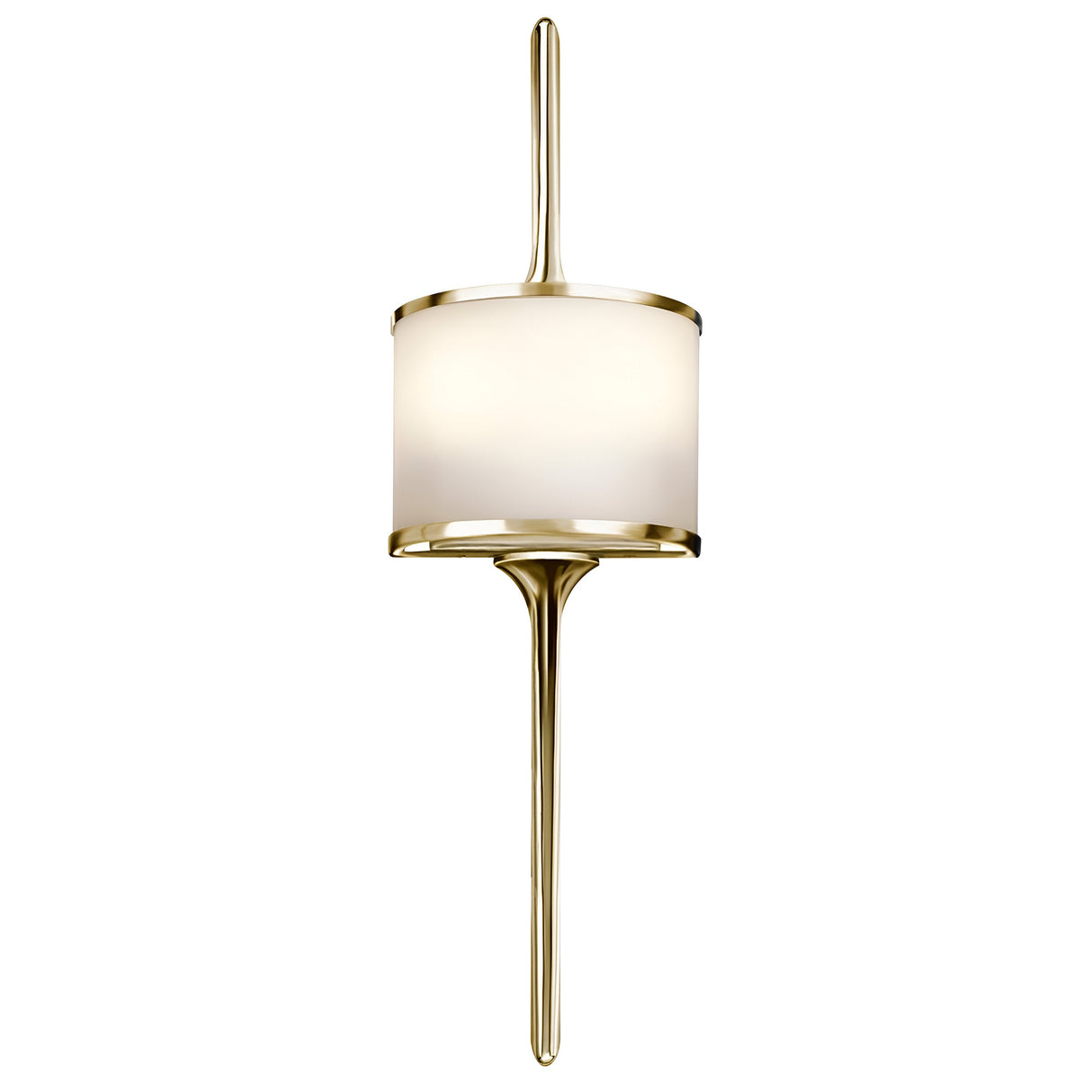 The Mona 2 Light Small Wall Light in polished brass features a modern cylindrical white shade complemented by a sleek, elongated frame with vertical elements that extend beyond the shade, capturing mid-century elegance.