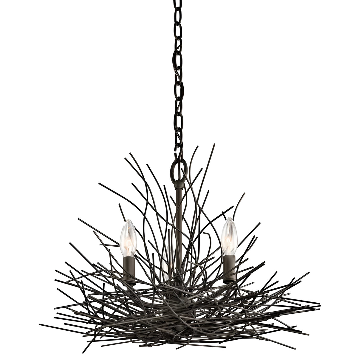 The Organique 3 Light Mini Chandelier in Olde Bronze is a nature-inspired decorative piece, showcasing an artistic design with a nest-like structure crafted from black metal rods. It features three exposed light bulbs, creating an eye-catching lighting fixture elegantly suspended from a chain.