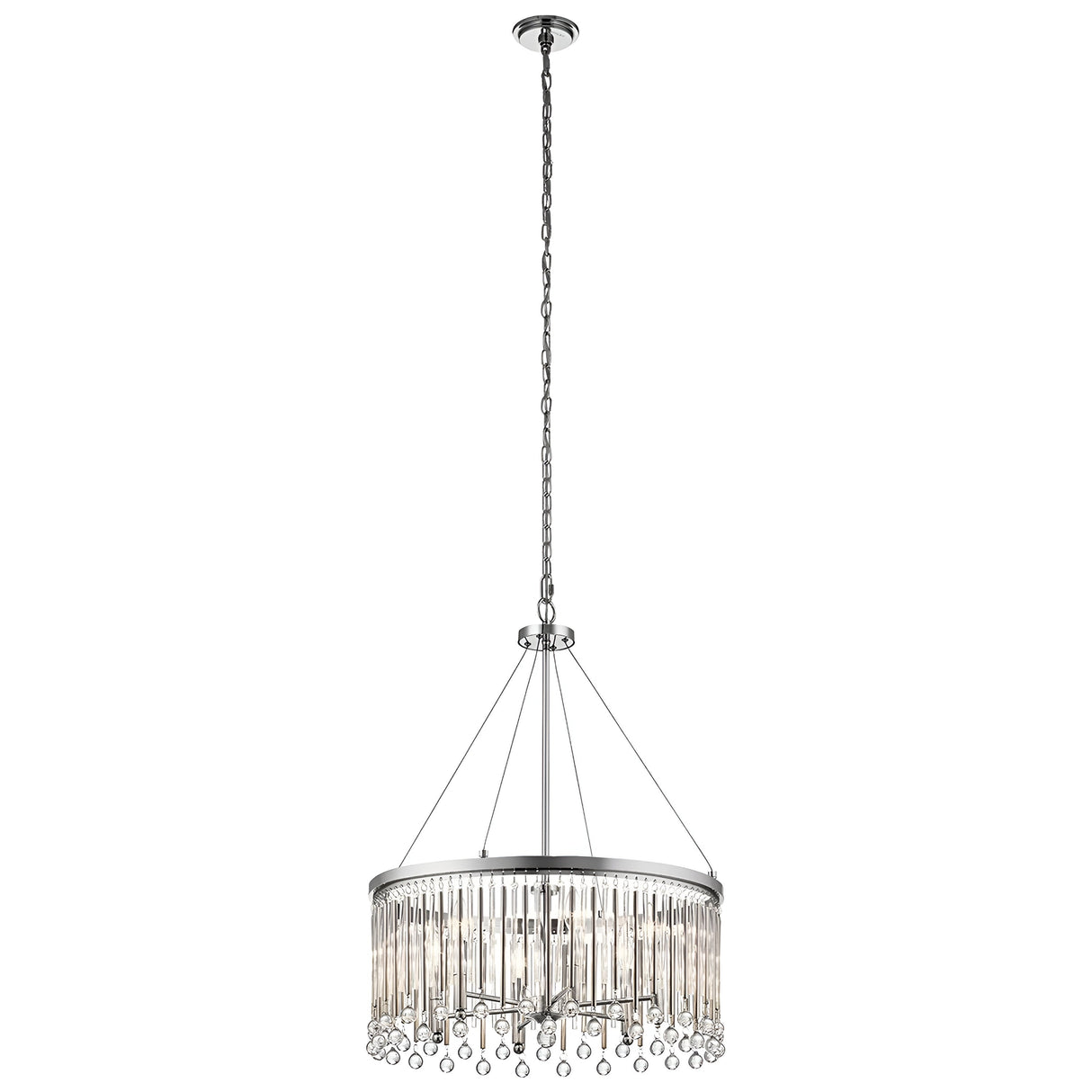 The Piper 6 Light Chandelier - Polished Chrome features a contemporary circular design with dangling crystal pendants and glass bead highlights. The chandelier's polished chrome frame is elegantly suspended by a long chain, providing a sleek and refined look suitable for any sophisticated setting.
