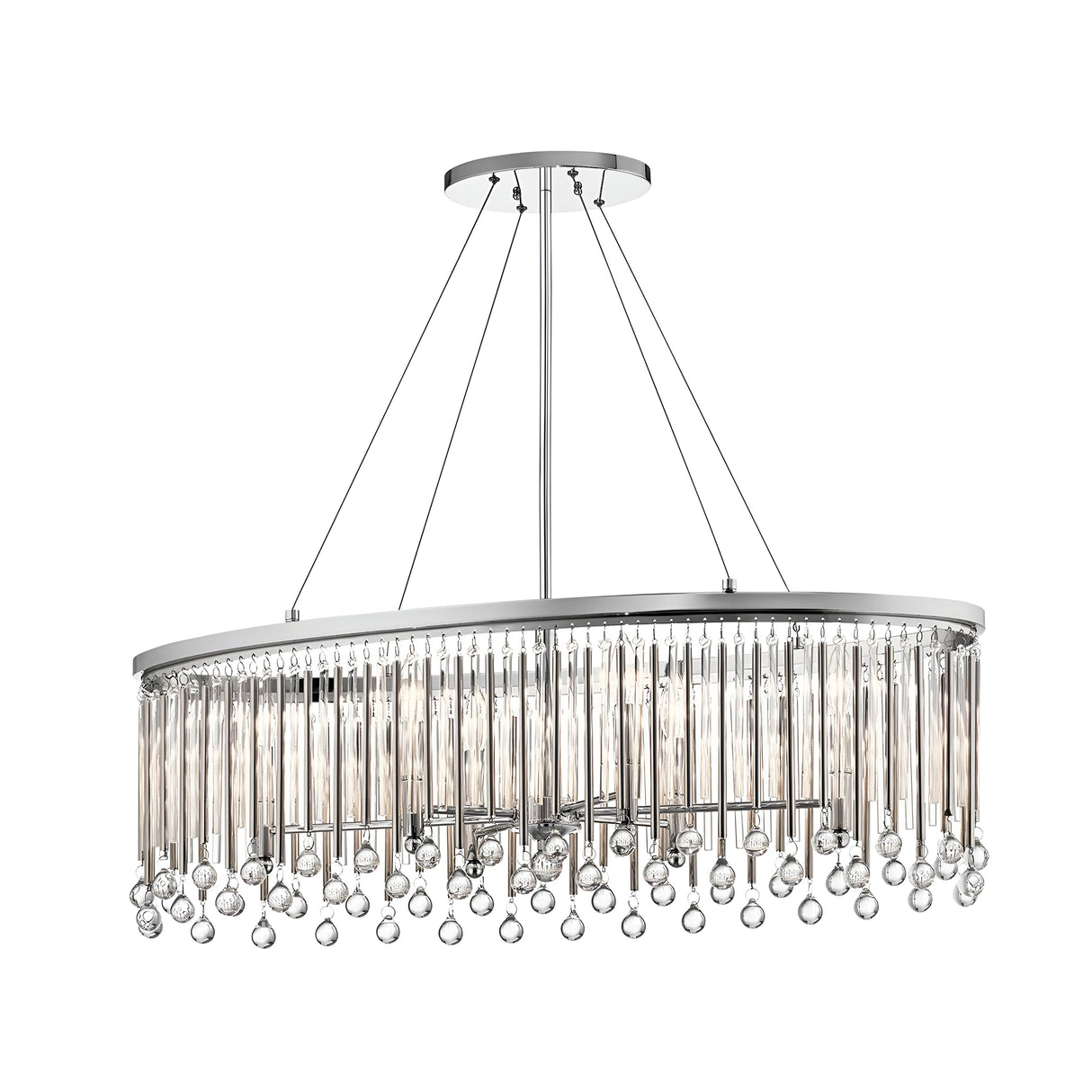 The Piper 6 Light Oval Chandelier, finished in polished chrome, is suspended from the ceiling. It showcases vertical glass rods and glass bead accents, complemented by dangling crystal spheres that contribute to its luxurious and modern design.
