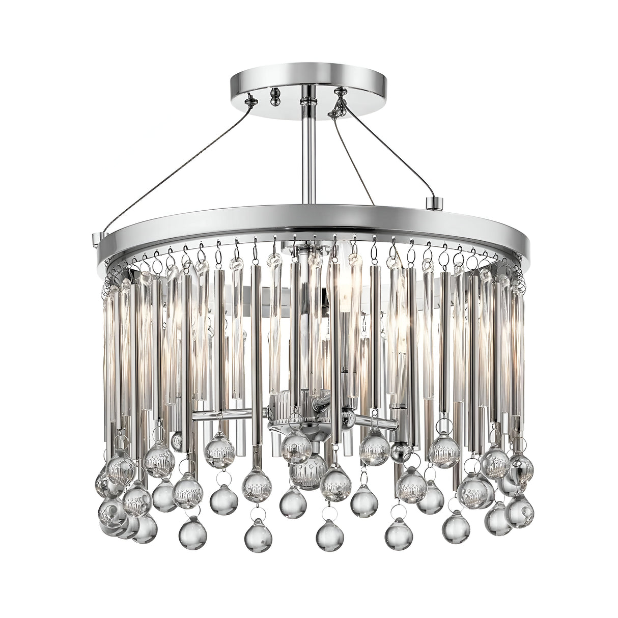 The Piper 3 Light Semi Flush in polished chrome features a contemporary metal frame embellished with glass bead accents. It displays multiple hanging crystal rods and spherical glass ornaments, designed for ceiling mounting to cast a soft, elegant glow from its internal lights.