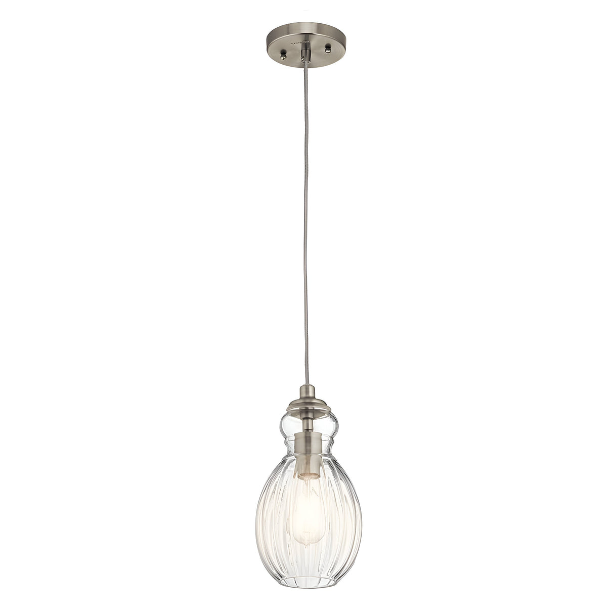 The Riviera-3 1 Light Pendant - Brushed Nickel features a single pendant light with a transparent ribbed glass shade and brushed nickel fittings. Its exposed bulb design showcases a modern, minimalist style infused with vintage-inspired elegance.