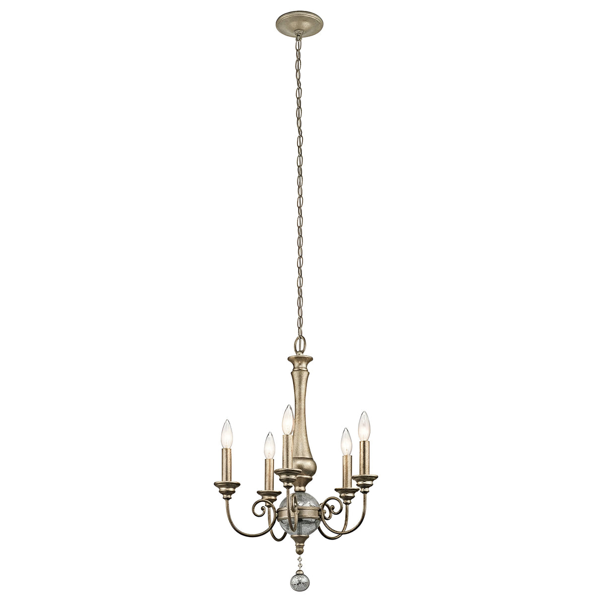 The Rosalie 5 Light Mini Chandelier in Sterling Gold boasts a vintage style with five candle-like light bulbs and an ornate central column. It hangs from a long chain, showcasing an elegant design with Antique Mercury Glass accents, making it ideal for classic or traditional interiors.