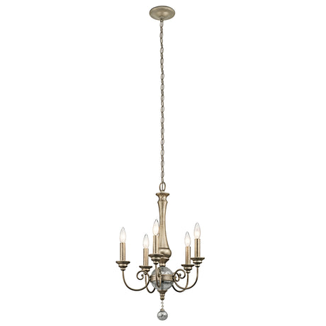 The Rosalie 5 Light Mini Chandelier in Sterling Gold boasts a vintage style with five candle-like light bulbs and an ornate central column. It hangs from a long chain, showcasing an elegant design with Antique Mercury Glass accents, making it ideal for classic or traditional interiors.