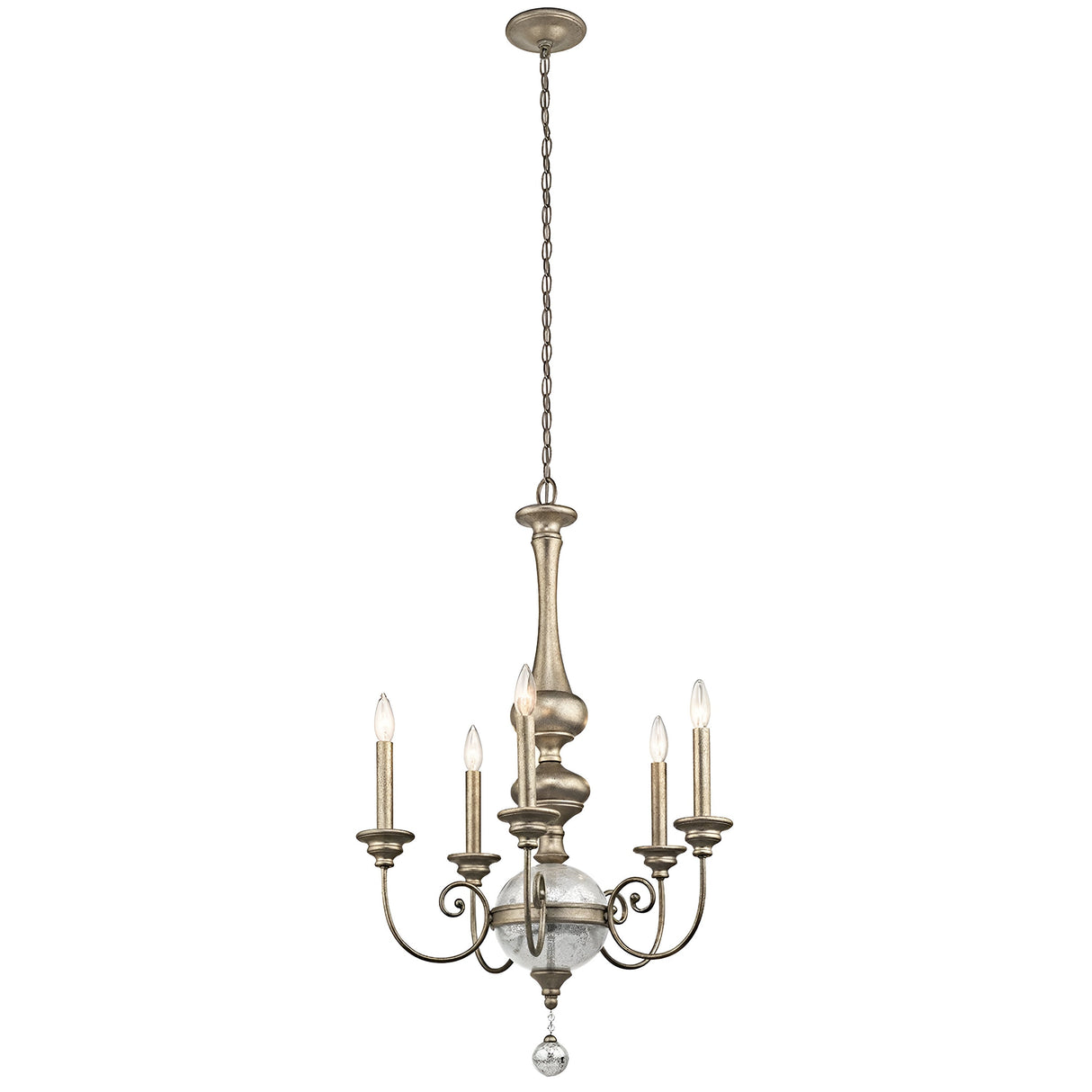 The Rosalie 5 Light Chandelier in Sterling Gold is suspended from a chain and boasts an antique mercury glass finish. It features five candle-like lights and intricate metalwork, completed by a crystal pendant at the base, enhancing its elegant Williamsburg design.