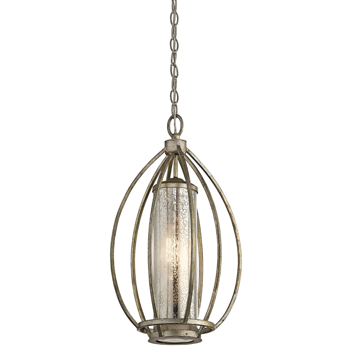 Introducing the Rosalie 1 Light Pendant in Sterling Gold, featuring an orb-shaped open metal frame paired with a cylindrical shade of antique mercury glass. This design exquisitely combines rustic industrial flair with Williamsburg charm and is elegantly suspended by a chain.