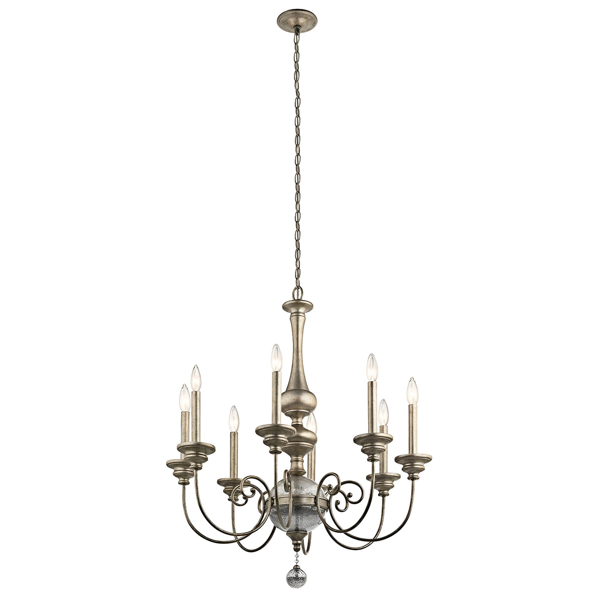Introducing the Rosalie 8 Light Chandelier in Sterling Gold, this elegant piece boasts a brushed metal finish with eight candle-style light bulbs gracefully arranged on curved arms in a Williamsburg design. It is suspended from a chain, offering an exquisite and vintage allure.
