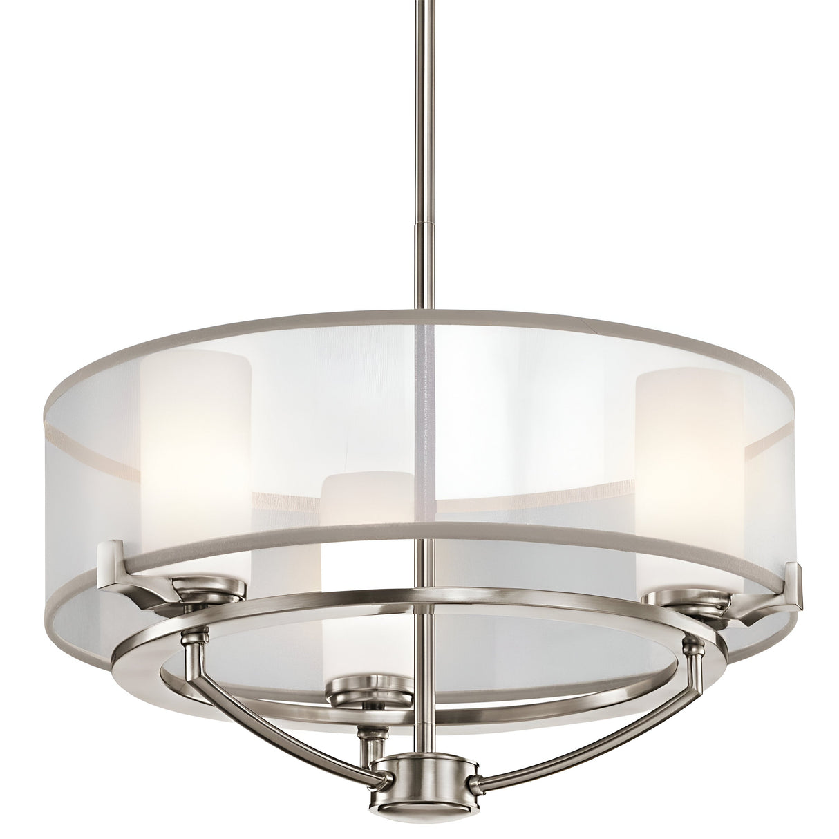 Introducing the Saldana 3 Light Chandelier - Silver, a modern ceiling pendant light featuring a wide, circular brushed metal frame and a sheer organza drum shade. It elegantly houses three frosted glass cylinders as stylish light diffusers and is gracefully suspended from a slender rod.