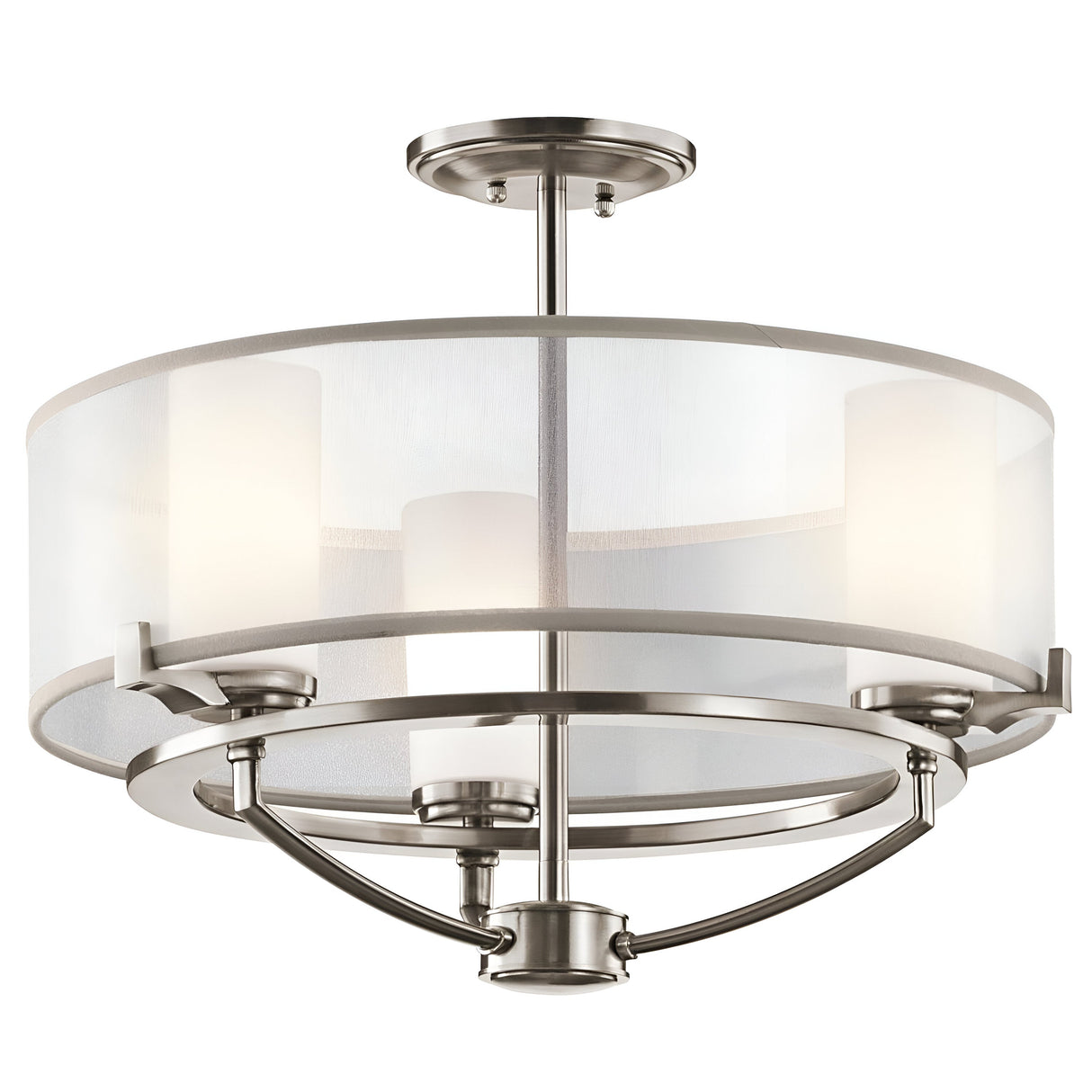 The Saldana 3 Light Chandelier - Silver features a brushed metal finish and an organza shade that encloses three cylindrical bulbs, offering a sleek and contemporary design suitable for various interior styles.