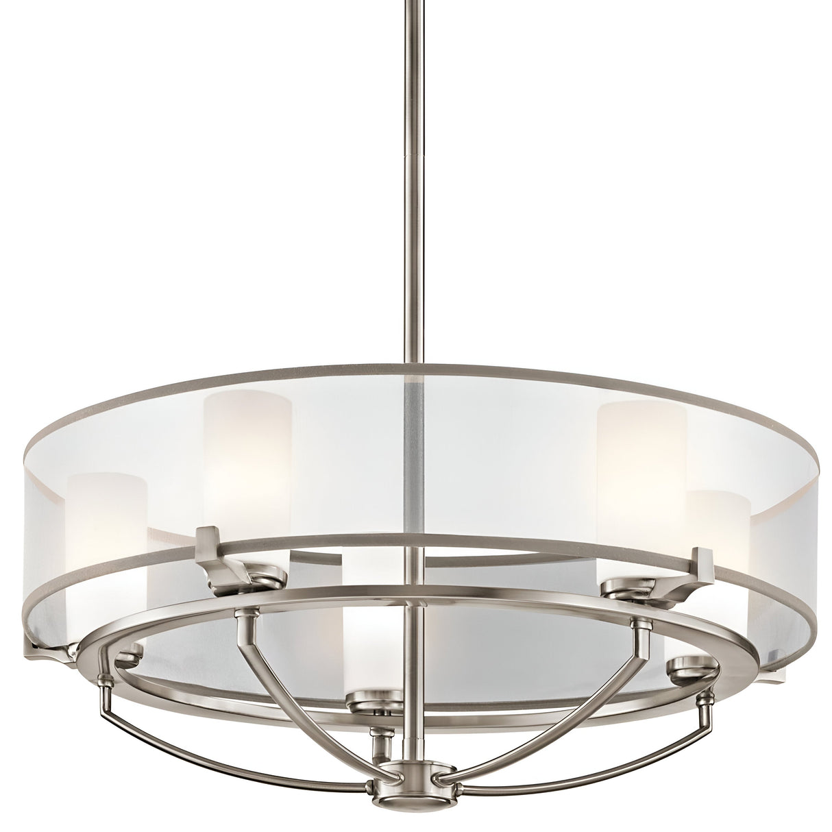The Saldana 5 Light Chandelier - Silver showcases a brushed nickel frame and a circular, frosted glass shade. It includes five lights with four cylindrical, frosted covers, all gracefully suspended from a slender central rod.