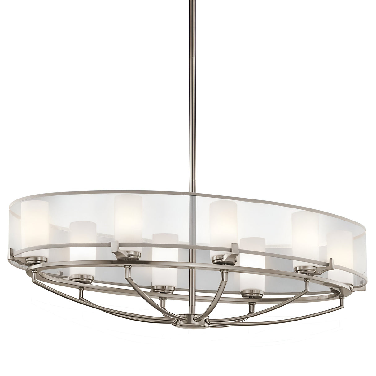 The Saldana 8 Light Oval Chandelier - Silver is a modern masterpiece, showcasing a celestial-inspired design with a brushed nickel finish. Its eight frosted glass cylindrical shades are elegantly suspended by a sleek rod, emitting an ethereal glow perfect for any contemporary space.