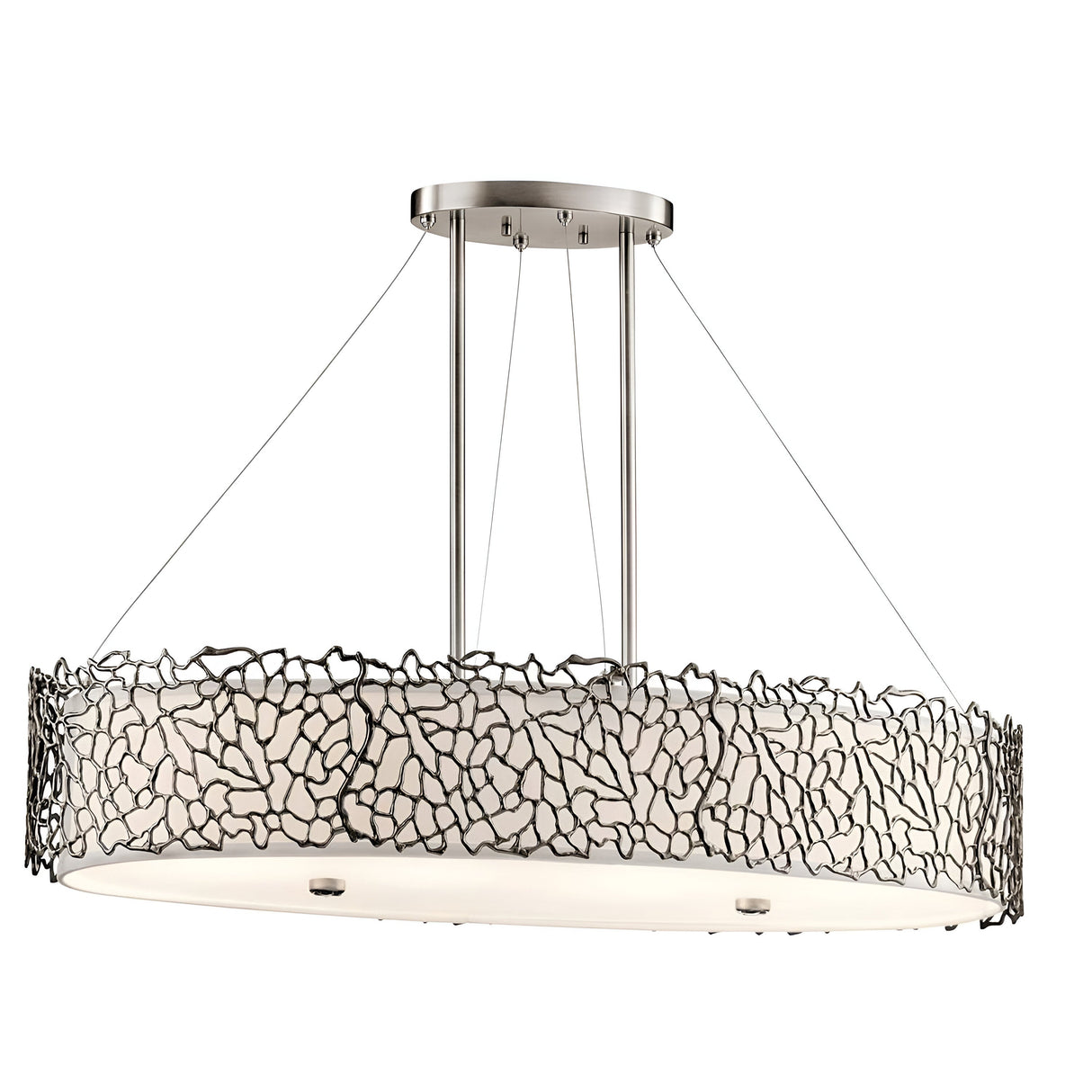 Introducing the Silver Coral 4 Light Oval Island Suspension in Silver, a contemporary circular chandelier with a textured metal frame showcasing an intricate abstract pattern. Suspended from the ceiling by four cables, it encloses a white translucent shade for even light diffusion.