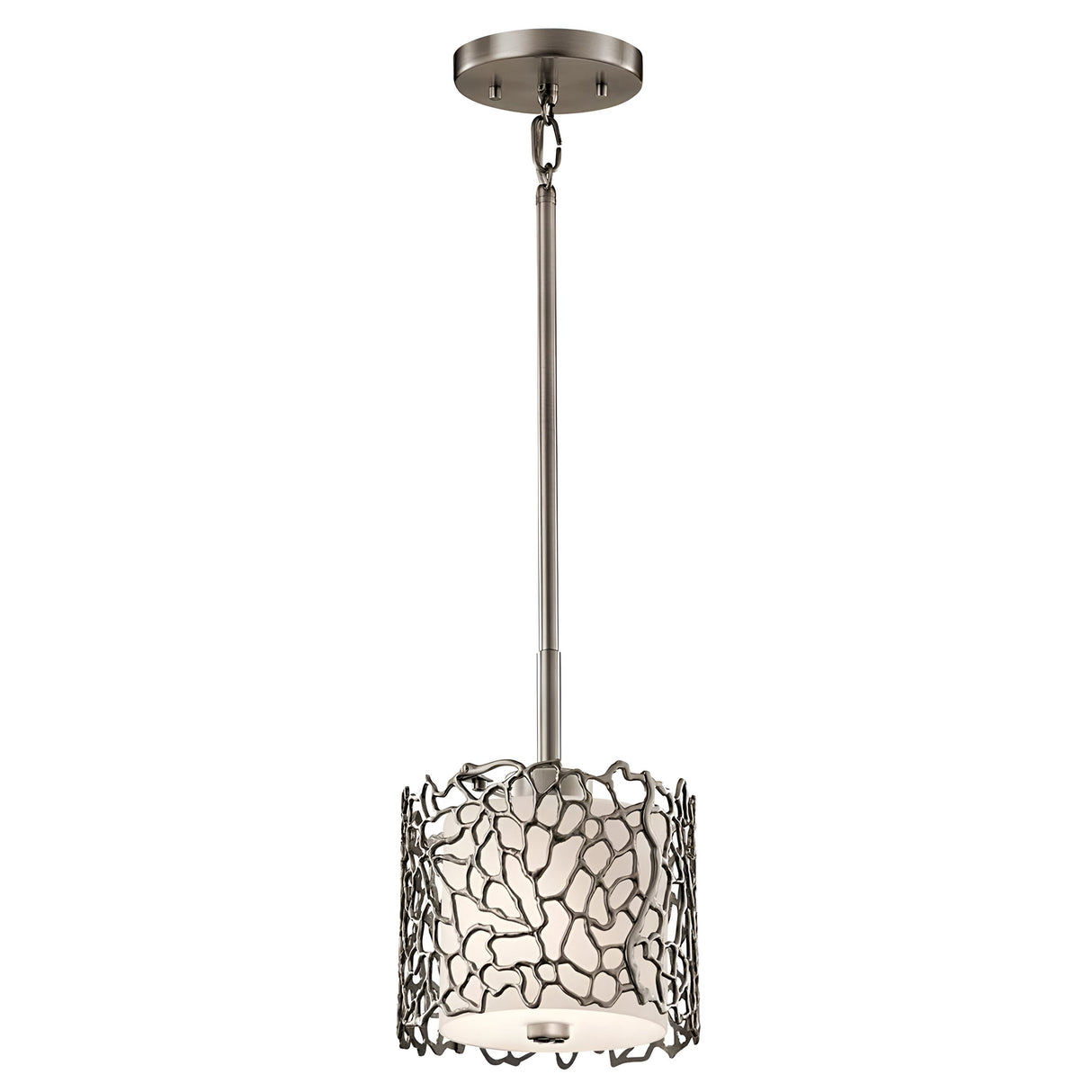 The Silver Coral 1 Light Mini Pendant - Silver embodies a contemporary aesthetic with its modern metal cage design enveloping a frosted glass cylindrical shade. This elegant fixture, drawing inspiration from nature, is mounted on a rod with a round ceiling plate, all in a sophisticated silver finish.