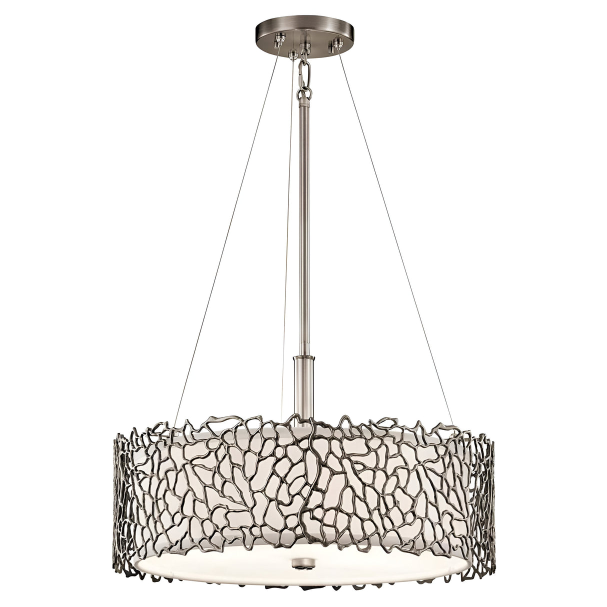The Silver Coral 3 Light Pendant/Semi-Flush - Silver is a contemporary lighting masterpiece, showcasing textured metalwork in a broad, circular abstract design. This modern chandelier features a sleek silver finish paired with a white light diffusing shade, elegantly suspended from a central rod with supportive cables.