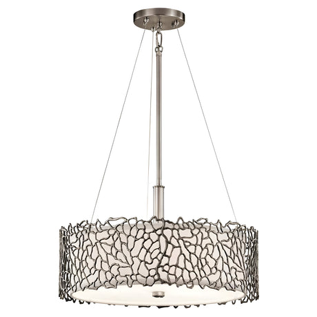 The Silver Coral 3 Light Pendant/Semi-Flush - Silver is a contemporary lighting masterpiece, showcasing textured metalwork in a broad, circular abstract design. This modern chandelier features a sleek silver finish paired with a white light diffusing shade, elegantly suspended from a central rod with supportive cables.
