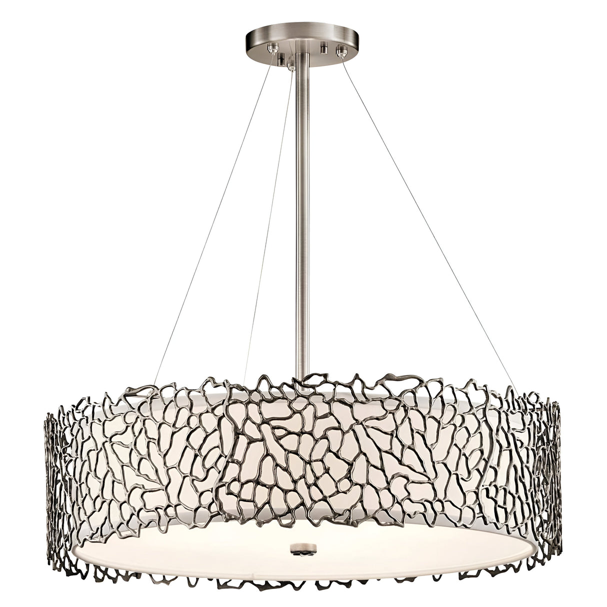 The Silver Coral 4 Light Drum Pendant - Silver features a contemporary circular design, exuding nature-inspired sophistication with its stainless steel frame. A detailed coral-themed pattern surrounds the frosted glass shade, elegantly suspended from a metal rod by slender cables.