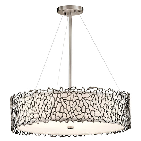 The Silver Coral 4 Light Drum Pendant - Silver features a contemporary circular design, exuding nature-inspired sophistication with its stainless steel frame. A detailed coral-themed pattern surrounds the frosted glass shade, elegantly suspended from a metal rod by slender cables.