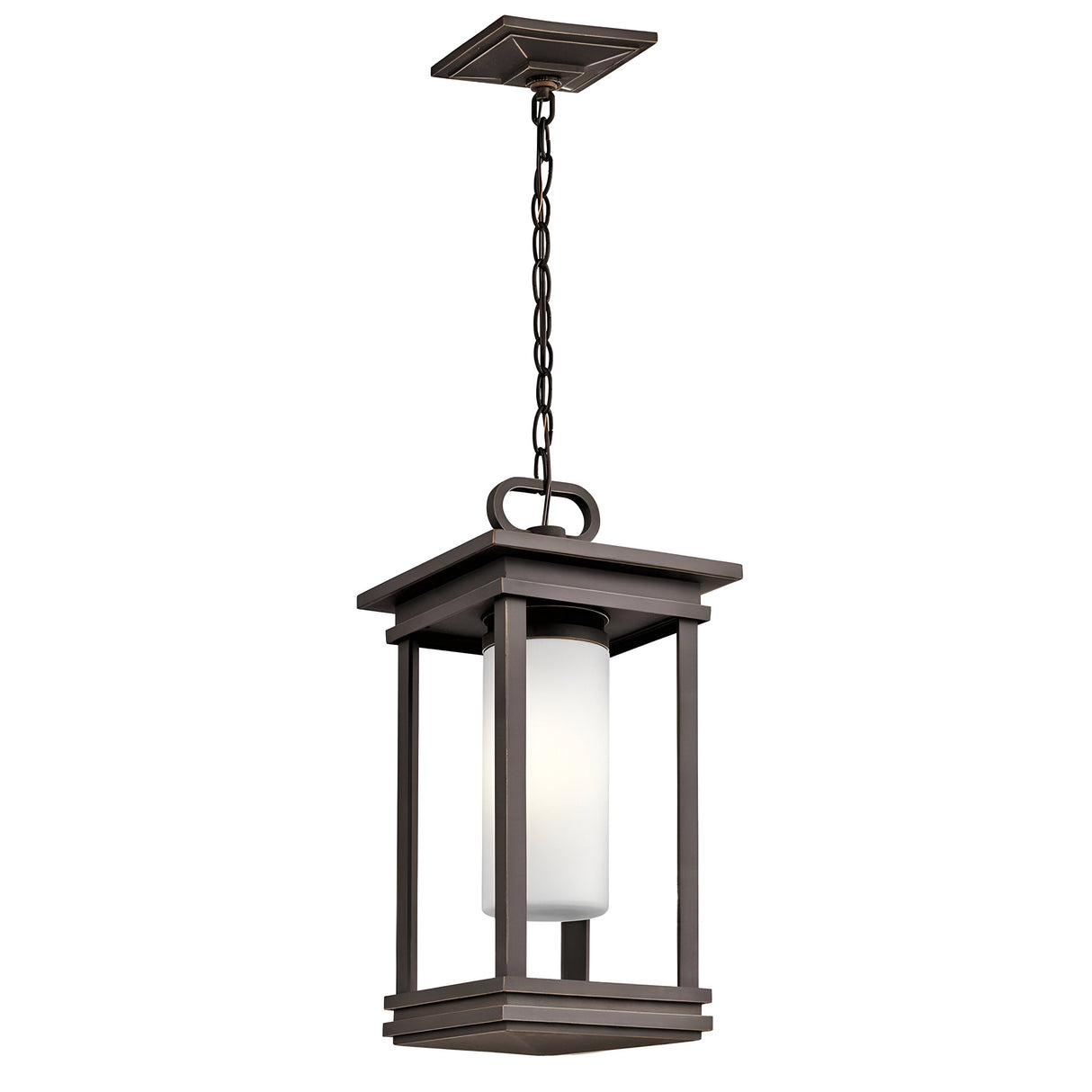 The South Hope Outdoor 1 Light Small Chain Pendant in rubbed bronze showcases a square metal frame with an elegant oil-rubbed finish. It includes a satin-etched cased opal glass shade inside, gracefully suspended by a decorative chain, making it the ideal outdoor chain pendant.