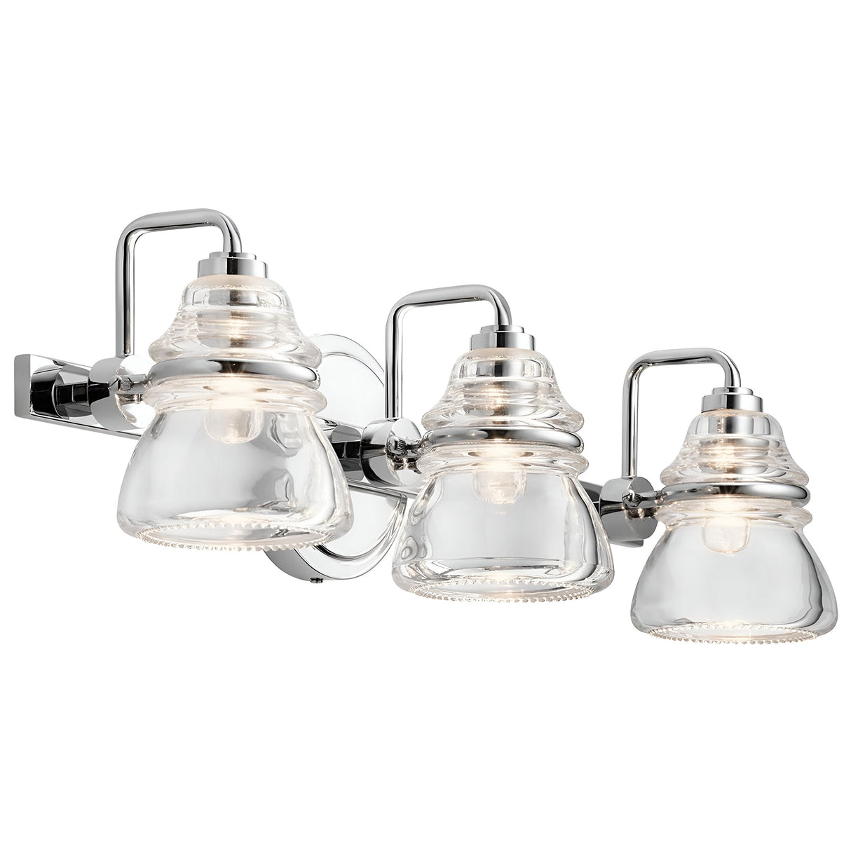 The Talland 3 Light Wall Light - Polished Chrome is a sleek and modern fixture featuring three glass shades with polished chrome accents. Ideal for bathroom lighting, the clear shades showcase the bulbs, providing a contemporary and stylish appearance when installed on any wall.