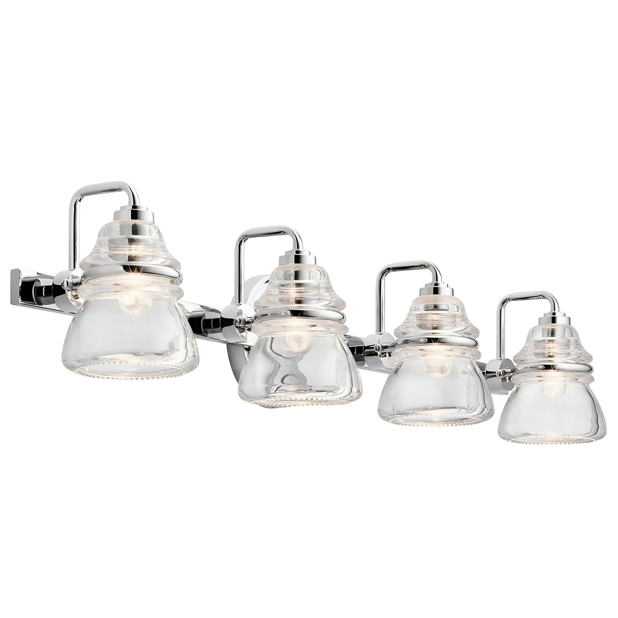 The Talland 4 Light Wall Light in polished chrome includes four clear vintage glass shades designed to resemble old-fashioned insulators. Mounted on a horizontal chrome bar, this bathroom lighting fixture brings a nostalgic elegance to your space.