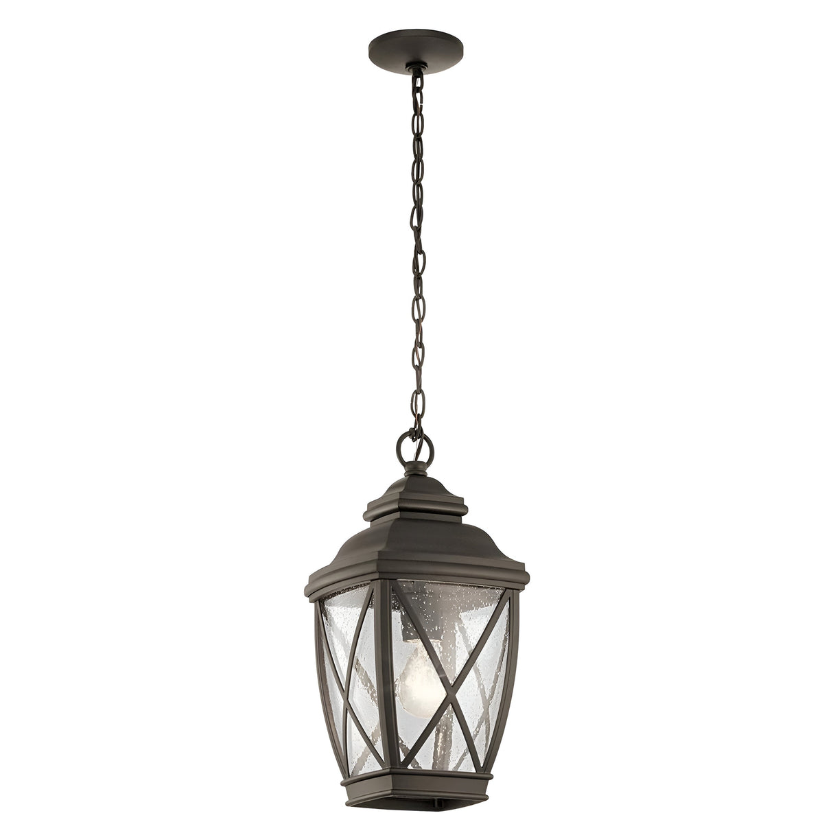 The Tangier Outdoor 1 Light Medium Chain Pendant in an olde bronze finish showcases a crisscross frame design, crafted with dark metal and clear glass panels. The visible light bulb inside is elegantly suspended by a chain, adding sophistication to any space.