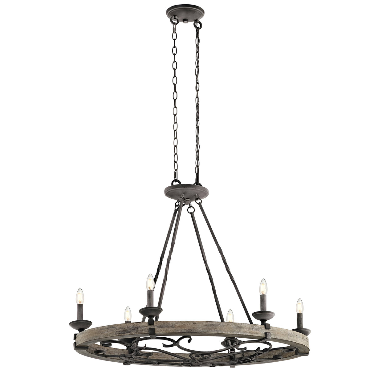The Taulbee 6 Light Oval Chandelier in Weathered Zinc exudes undeniable rustic charm with its six candle-like bulbs elegantly arranged on an oval wrought iron frame. Suspended by chains, it beautifully combines wood and Weathered Zinc elements for a vintage, elegant appearance.