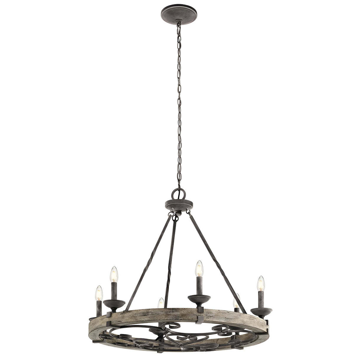 The Taulbee 6 Light Chandelier boasts a lodge-inspired design with a circular metal frame in a weathered zinc finish, complemented by six candle-style light bulbs suspended by chains. Its fusion of industrial and vintage styles makes it an ideal choice for farmhouse or loft-style interiors.