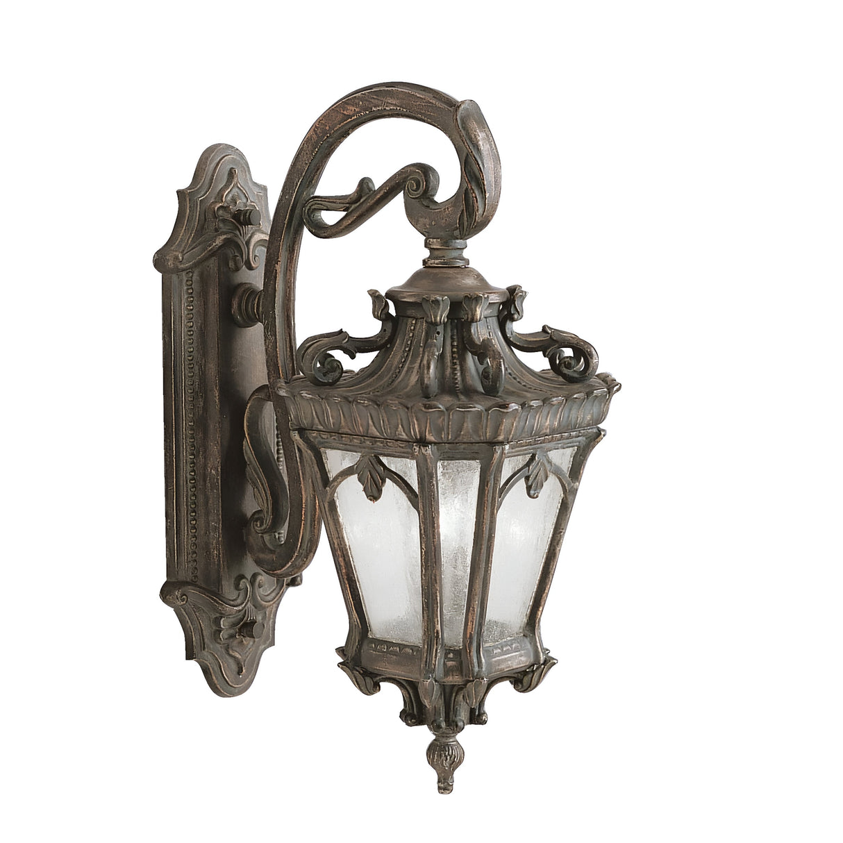 The Tournai Outdoor 2 Light Large Wall Lantern in Bronze is an ornate, antique-style fixture featuring intricate metalwork and frosted glass panels. It is mounted on a decorative bracket and includes elaborate scrolls and floral patterns, giving it a historic lantern appearance.