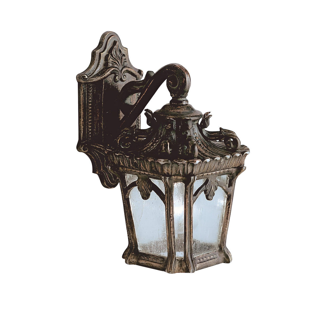 The Tournai Outdoor 1 Light Small Wall Lantern - Bronze is a vintage piece with timeless appeal, showcasing an ornate design and decorative bracket. It features a glass enclosure complemented by a weathered bronze finish.