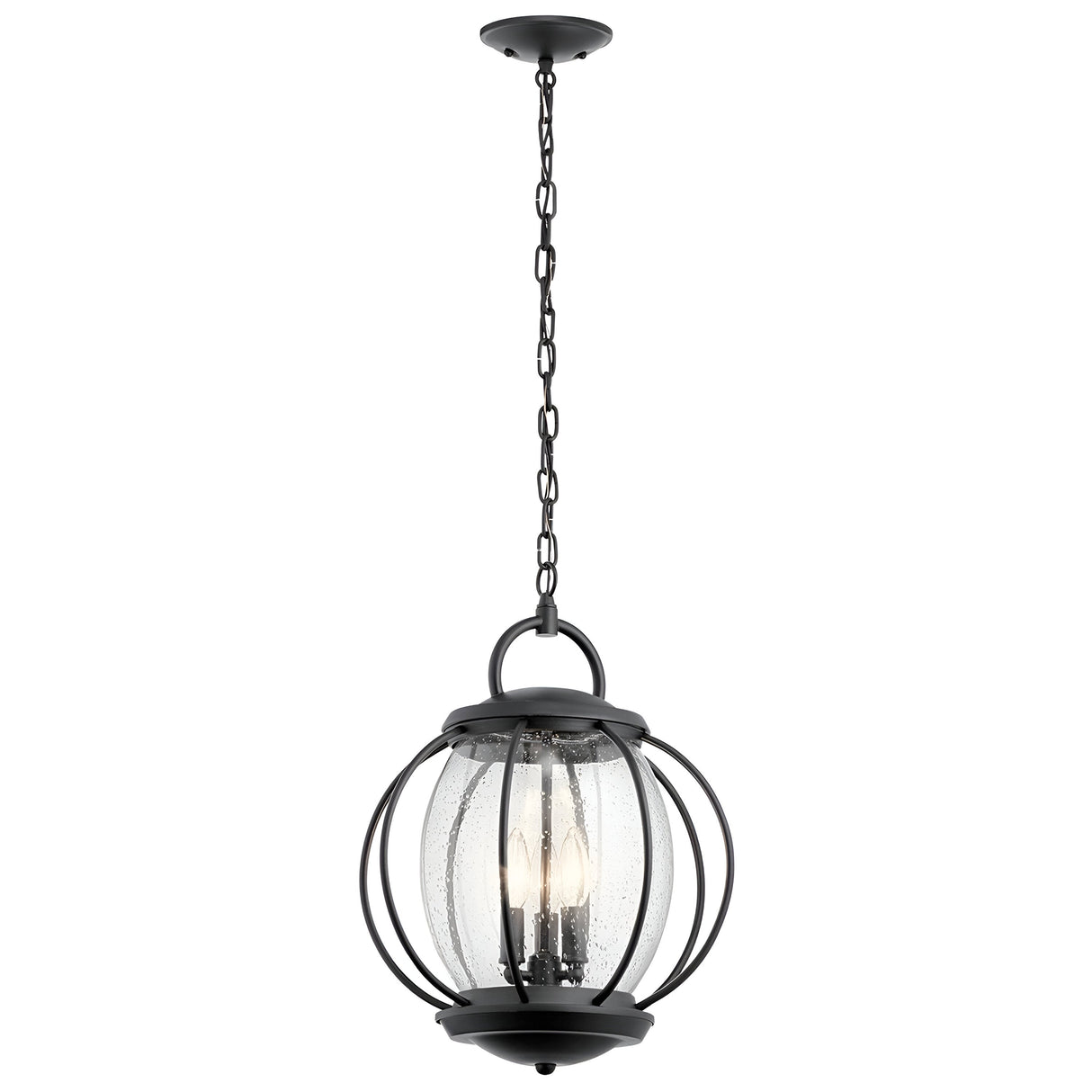 The Vandalia Outdoor 3 Light Large Chain Pendant in black features a sleek metal design with a chain leading to an enclosed, globe-shaped, clear speckled glass lantern. This modern fixture contains three vertical bulbs and is perfect for both indoor and IP44 weatherproof outdoor lighting needs.