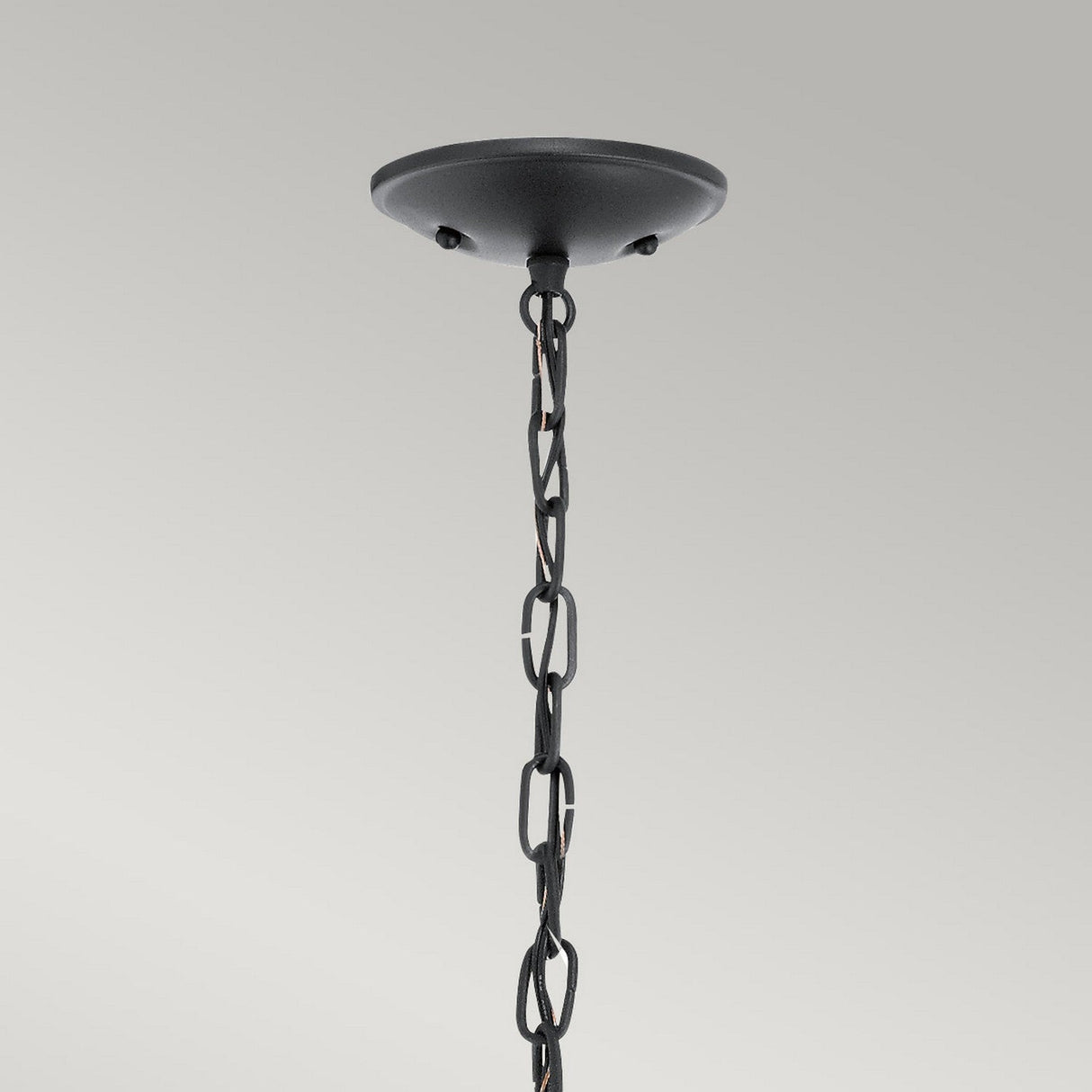 A close-up of the Vandalia Outdoor 3 Light Large Chain Pendant in black, featuring its sleek modern lantern design against a neutral gray background.